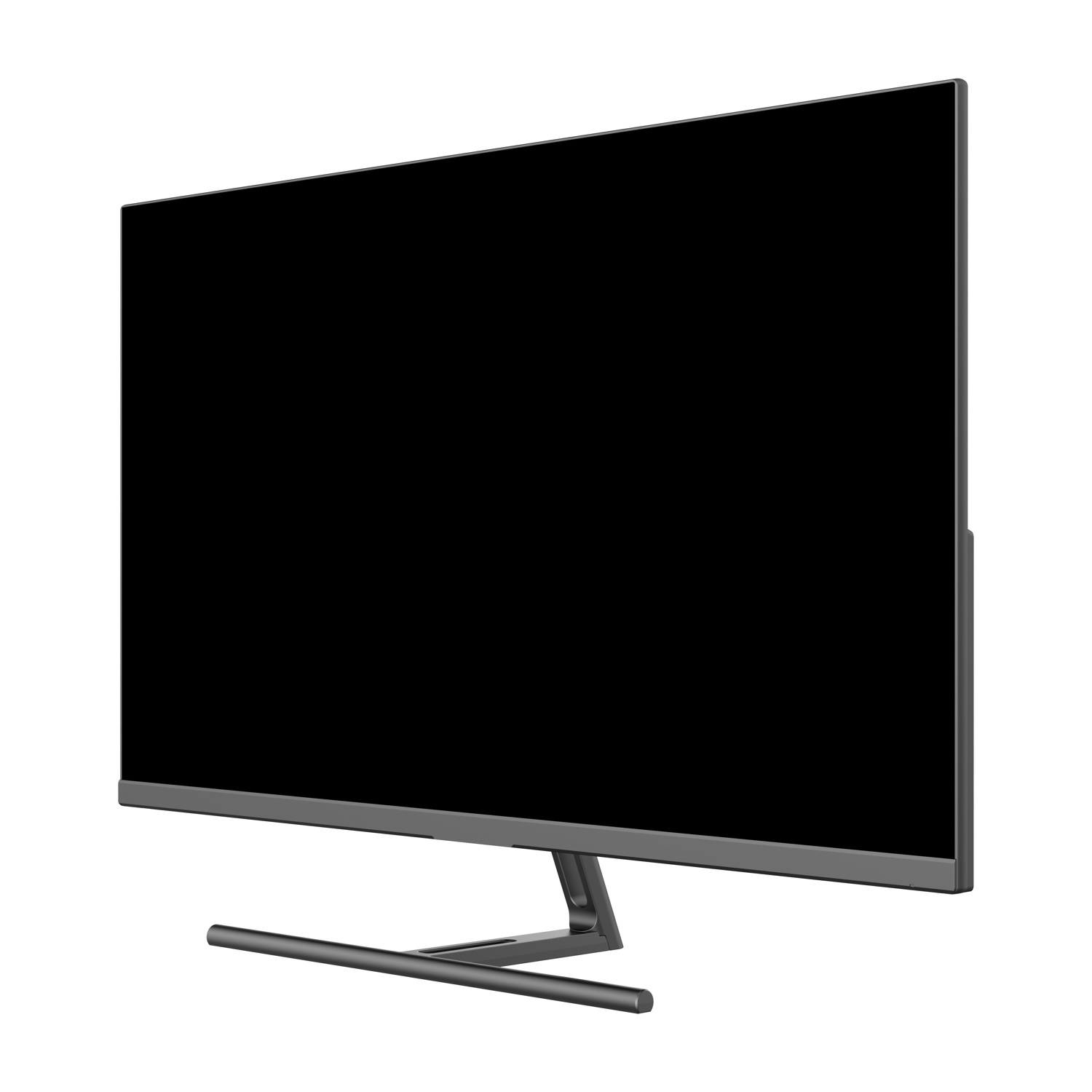 Una TV grande e moderna con schermo nero. La TV ha una cornice sottile e grigia.