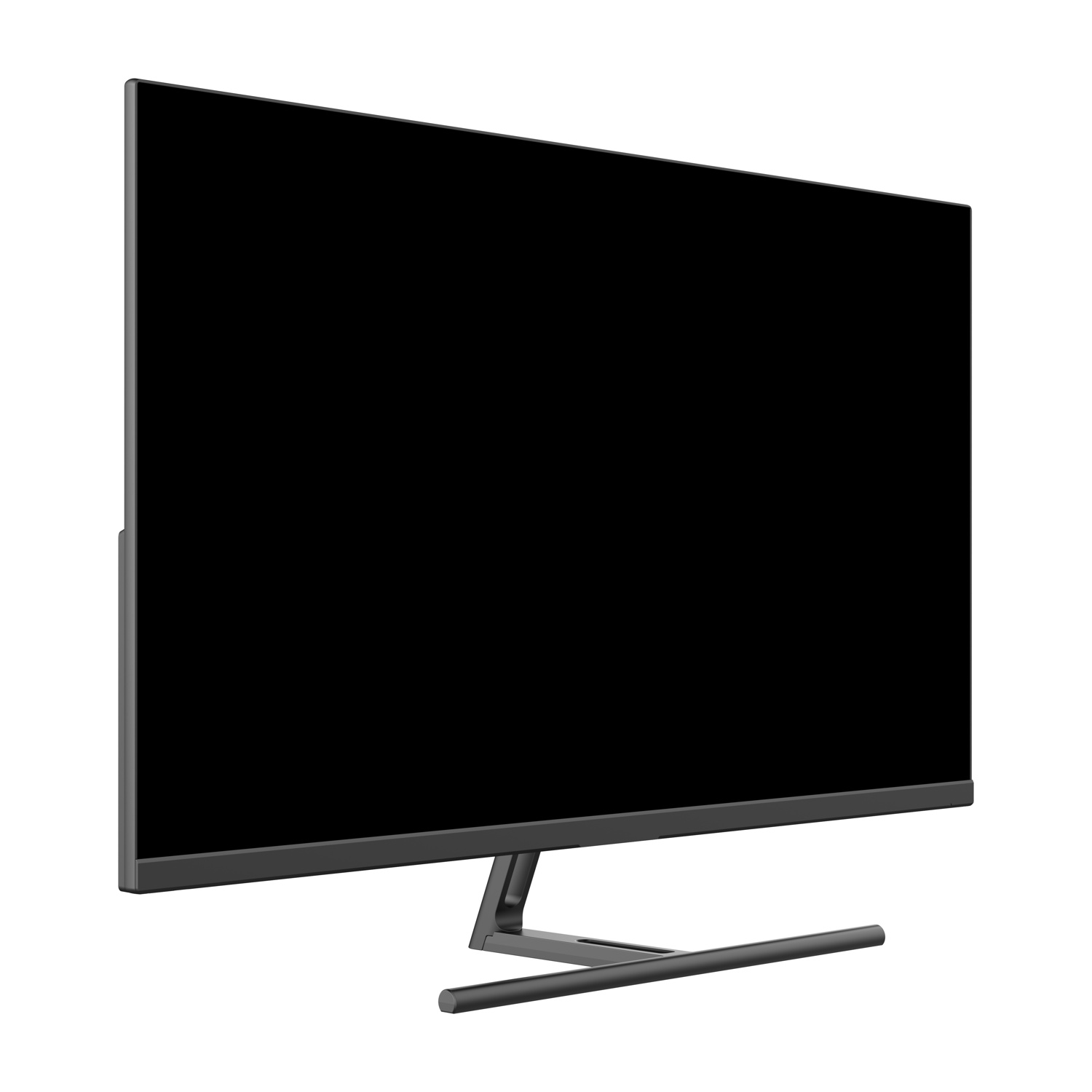 Un monitor nero con supporto argento su sfondo bianco.