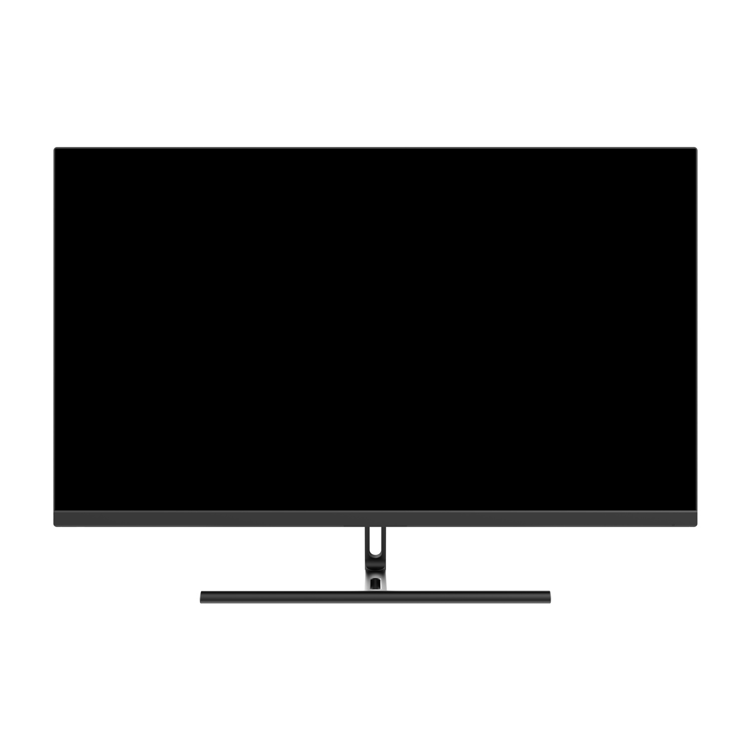Grande schermo TV nero, con supporto, su sfondo bianco.