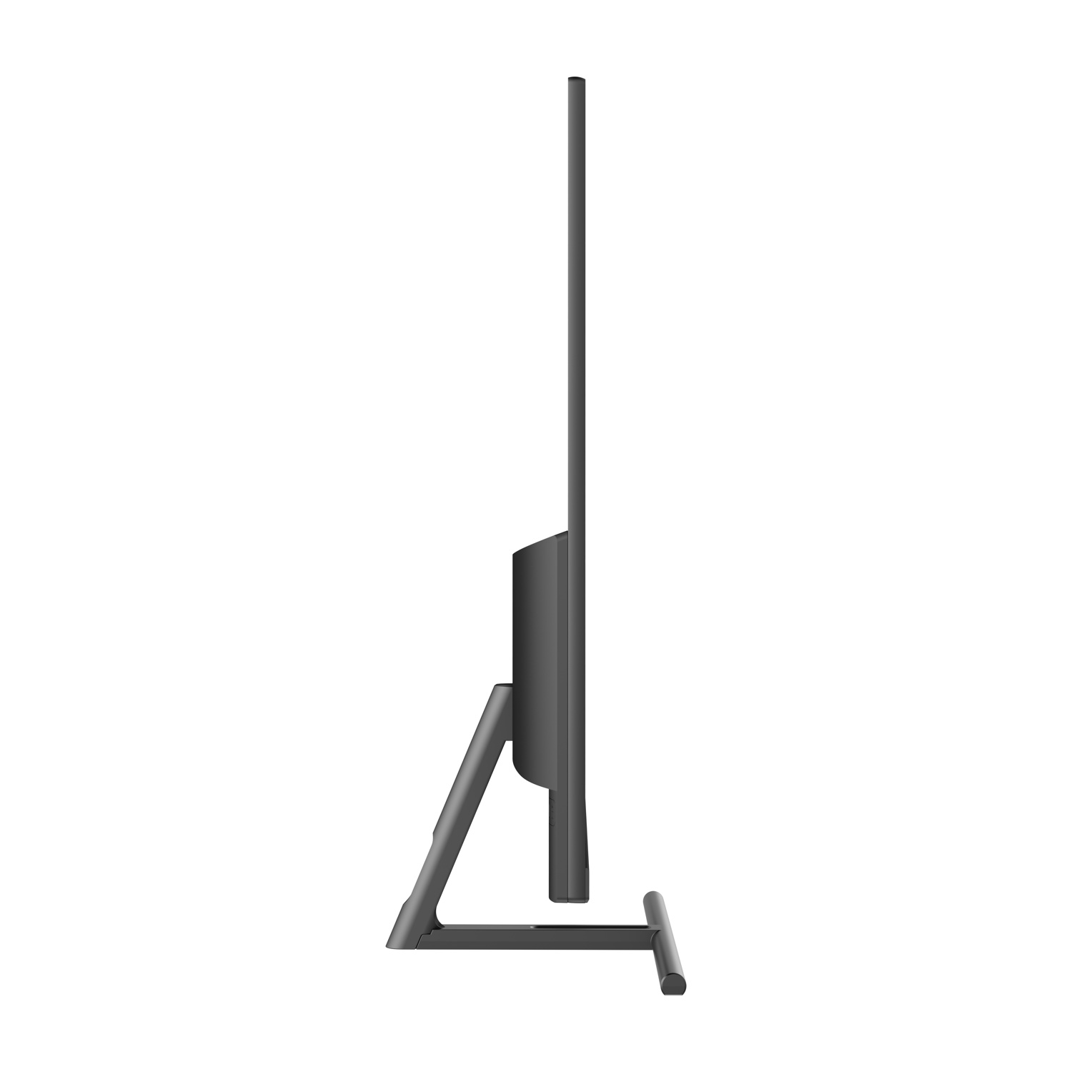 Vista laterale di un monitor con supporto. Il display è nero e la cornice è sottile.