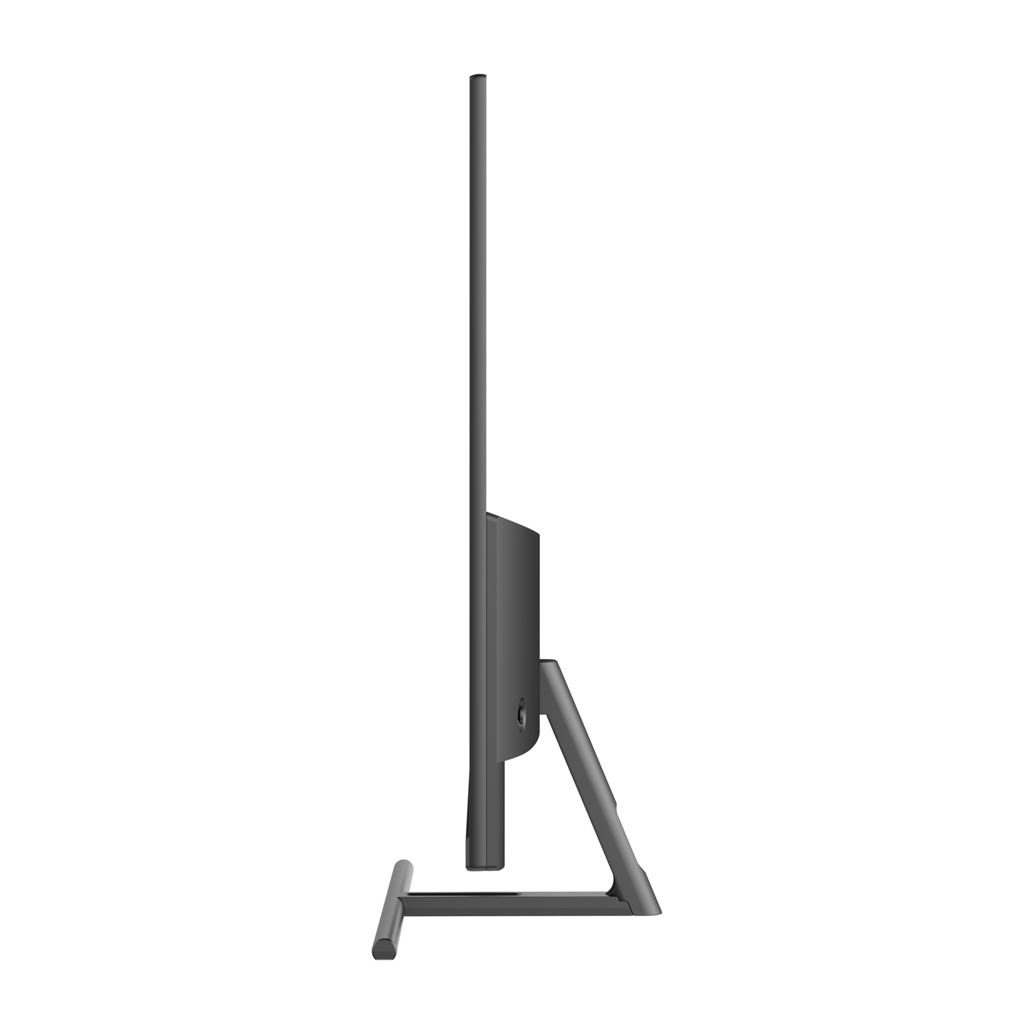 Vista laterale di un monitor per computer nero con cornice sottile e supporto con base curva.