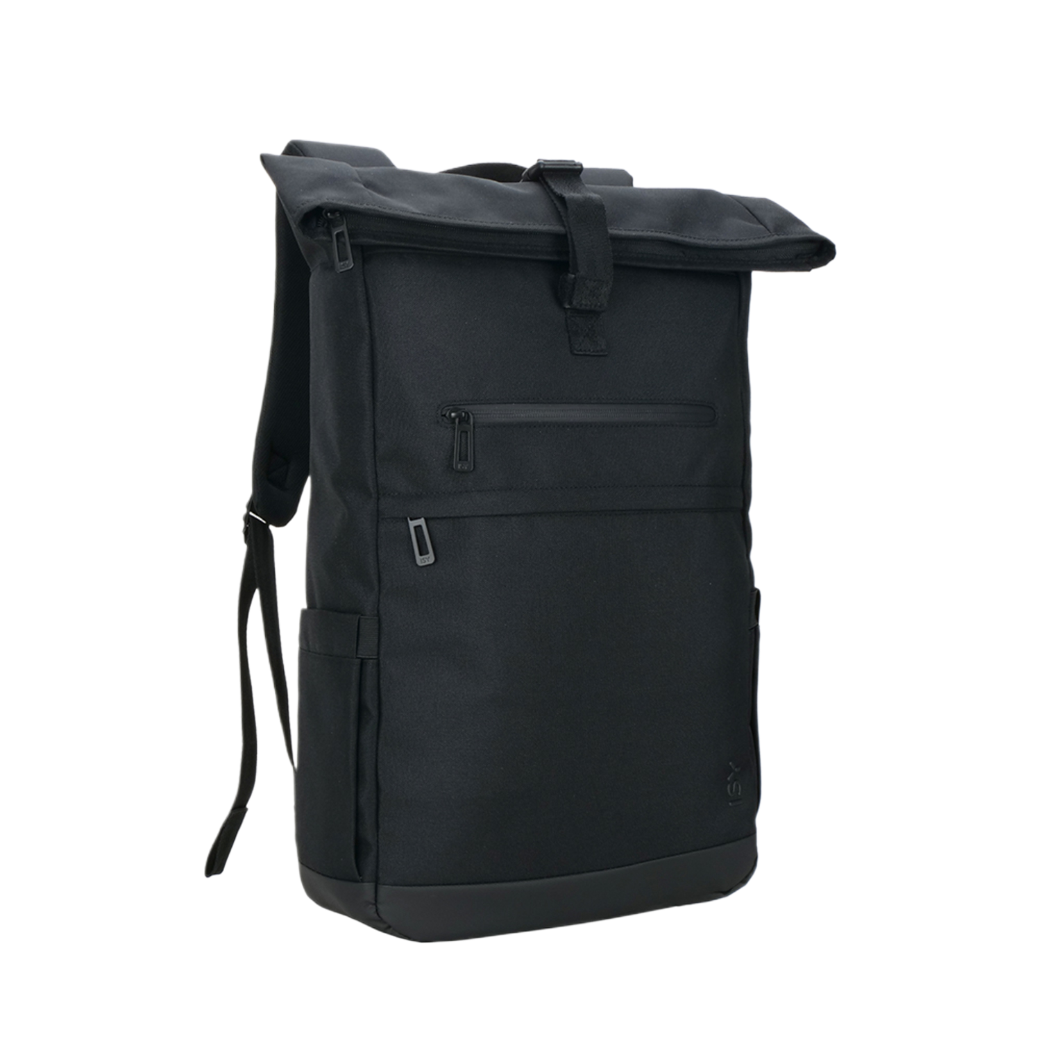 Sac à dos noir à rabat roulé avec une petite poche avant et latérale sur fond blanc.