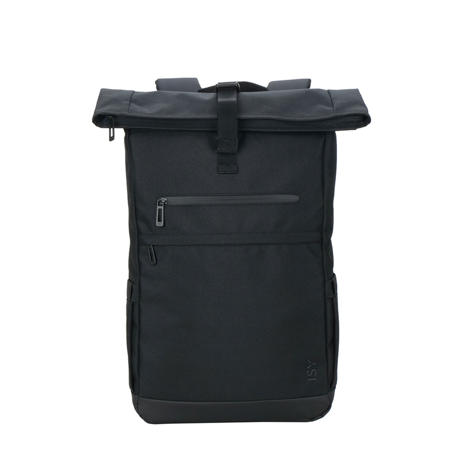 Sac à dos noir avec fermeture à enroulement, logo ISY.