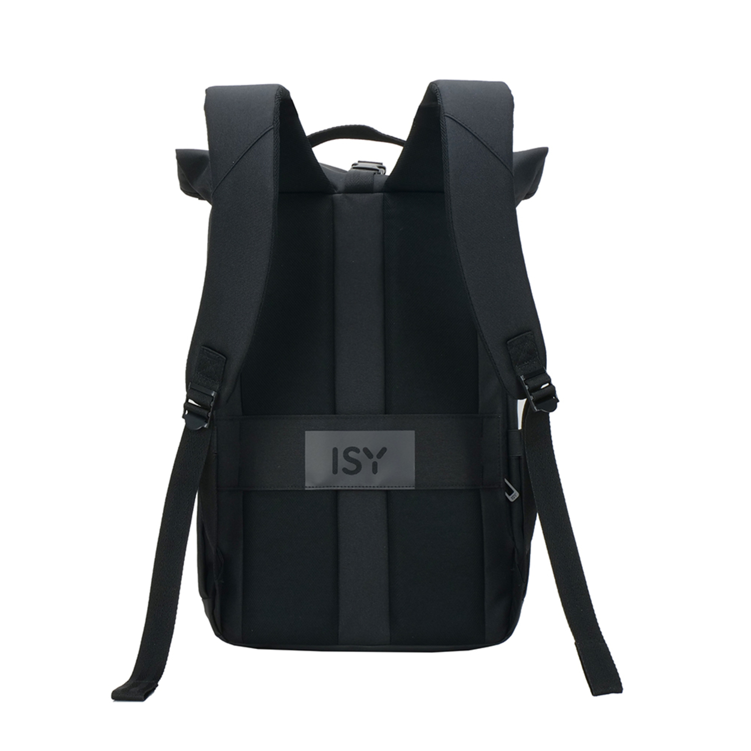 Sac à dos noir, vue arrière, avec logo ISY et sangles réglables.
