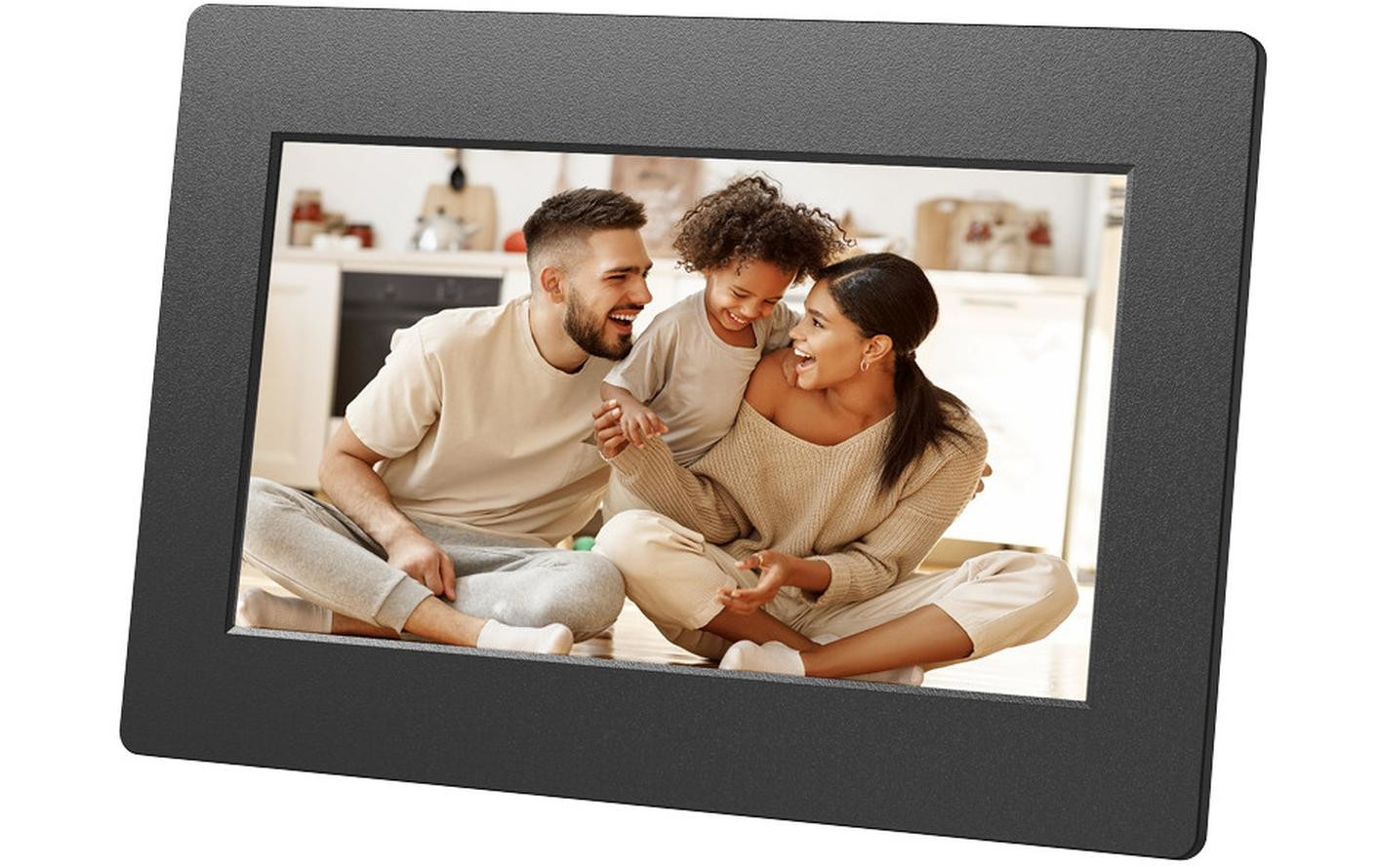 Digital photo frame displaying a family photo, with a black frame, on a white background.