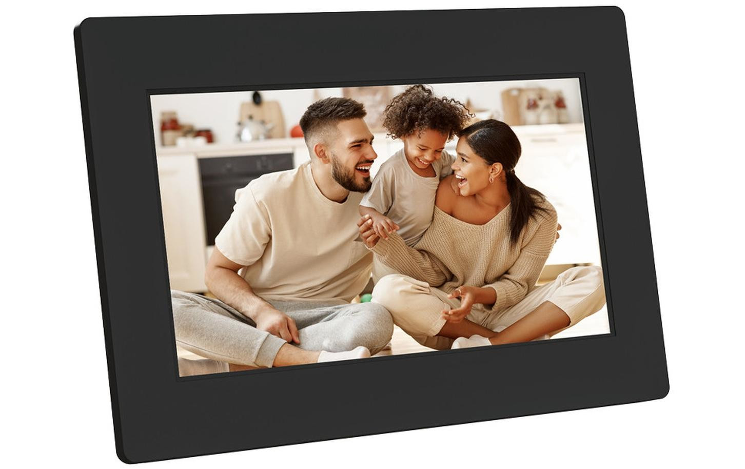 A black digital photo frame displaying a family photo. The frame is on a white surface.
