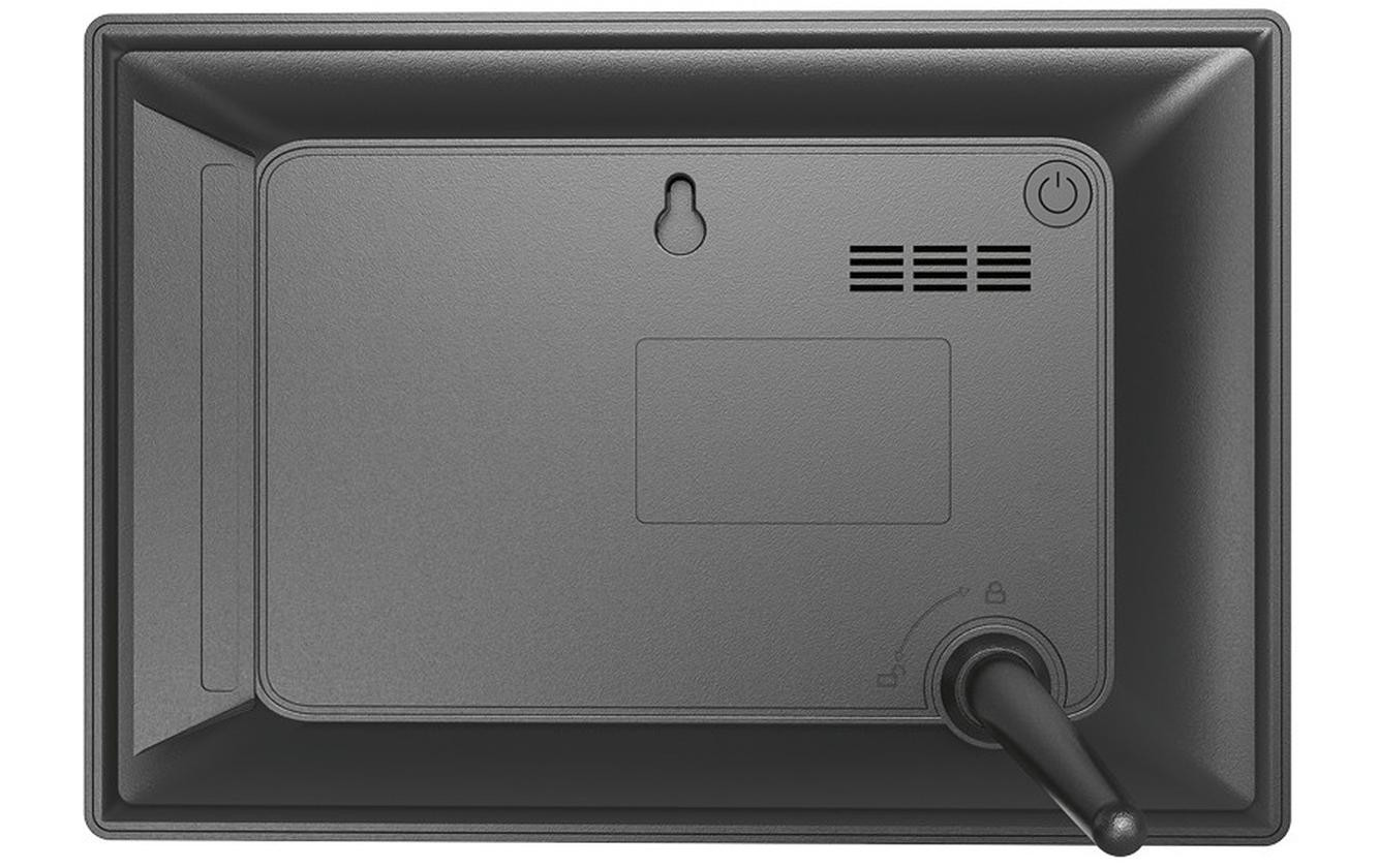 The back side of a black digital photo frame. It has a power button and a small antenna.
