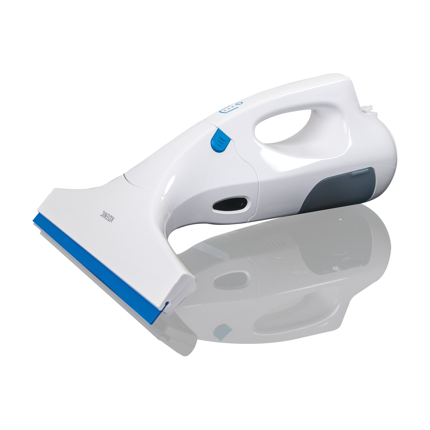 Pulitore per vetri portatile bianco e grigio con dettagli blu, riflesso su una superficie bianca.