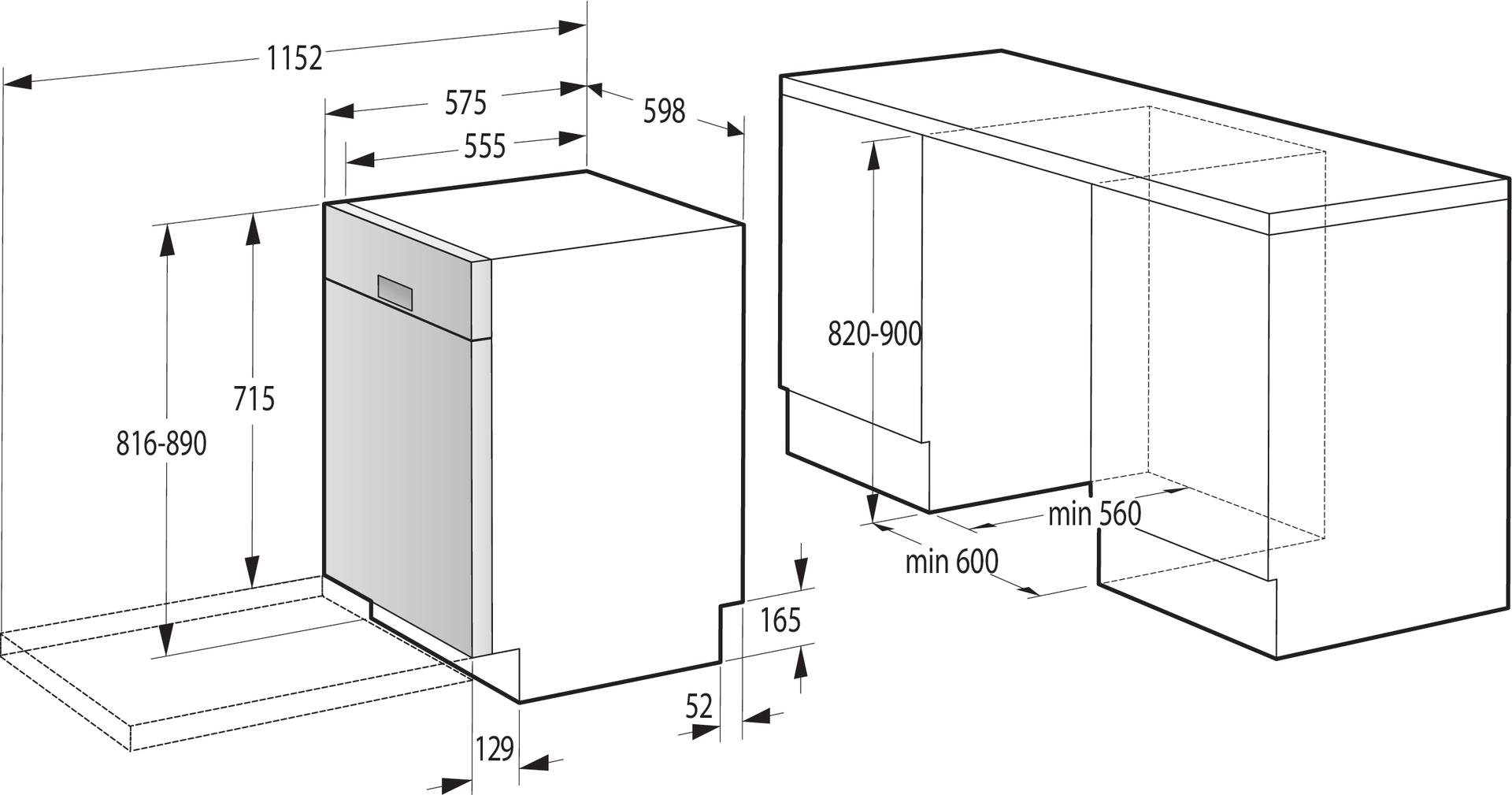 Diagramm eines Geschirrspülers mit angegebenen Maßen. Es zeigt die Seitenansicht des Geräts.