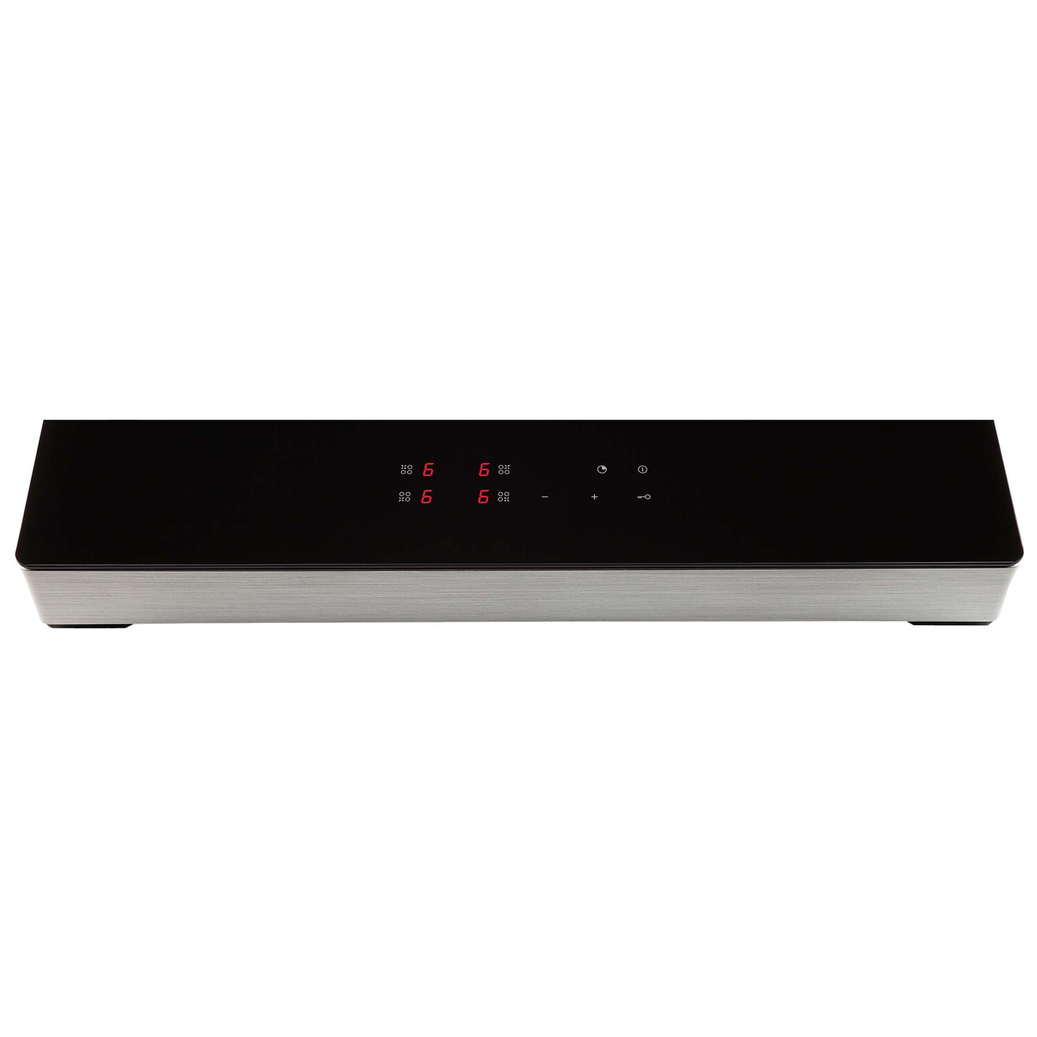 Zwarte en zilveren soundbar met een digitaal display, op een witte achtergrond.