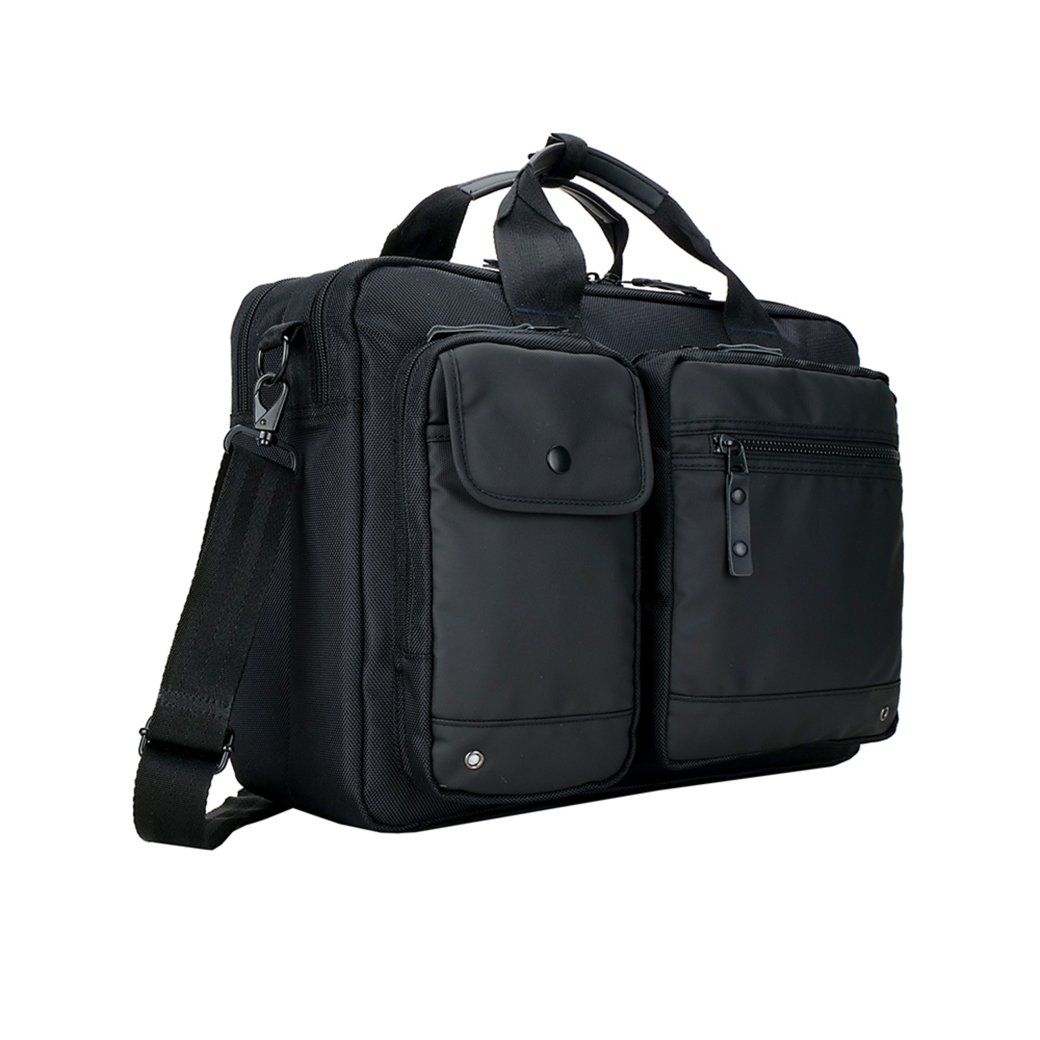 Black briefcase with multiple pockets and a shoulder strap. It is isolated on a white background.