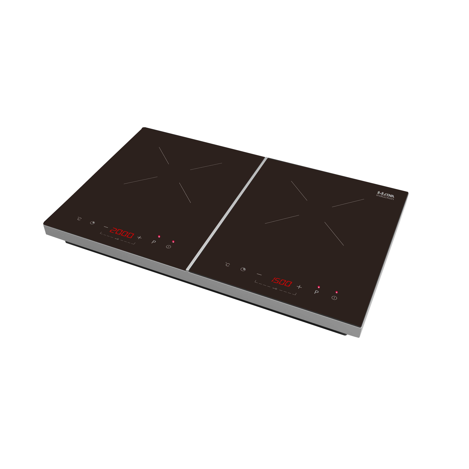 Een inductiekookplaat met twee branders, digitale displays en een zilveren frame.