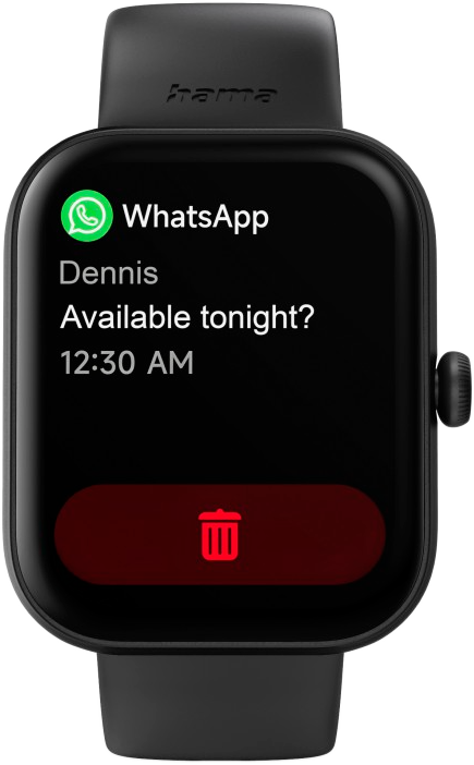Az okosóra képernyője egy Dennis-től érkező WhatsApp üzenetet jelenít meg.