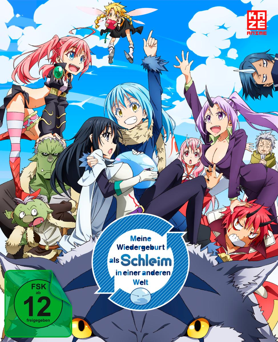 Anime-Poster: Viele Charaktere, darunter solche mit blauem und rosa Haar. Text: Meine Wiedergeburt.