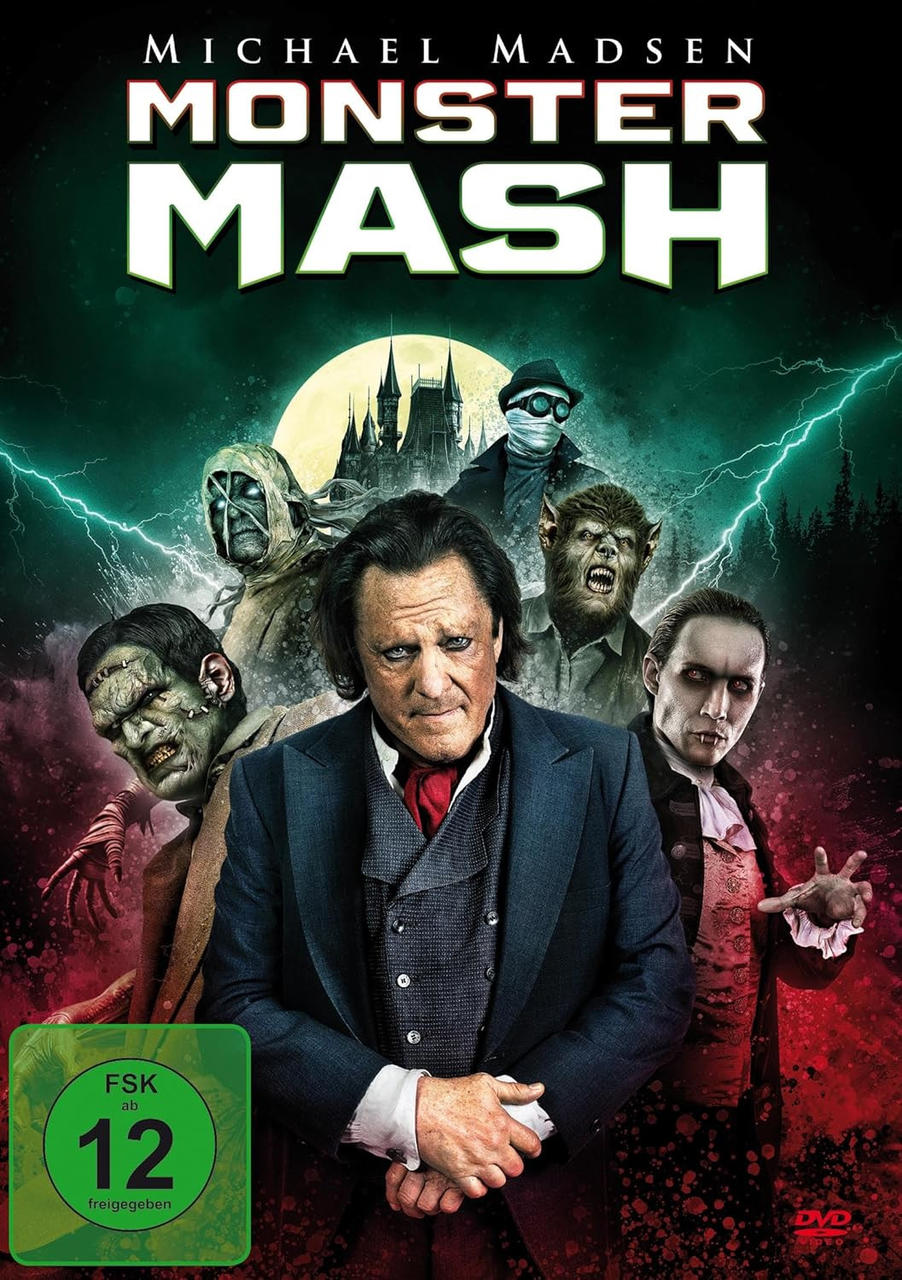 DVD-Cover für 'Monster Mash' mit Michael Madsen und einer Gruppe von Monstern. Dunkel, Horror-Thema.