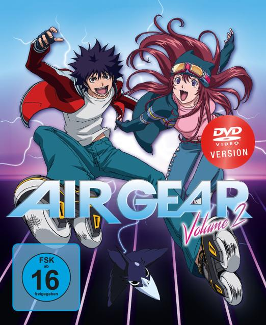 Anime DVD-Cover: Zwei springende Charaktere, Air Gear Titel, Blitzhintergrund.