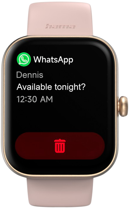 Okosóra WhatsApp üzenettel, Dennistől.  A törlési opció látható.