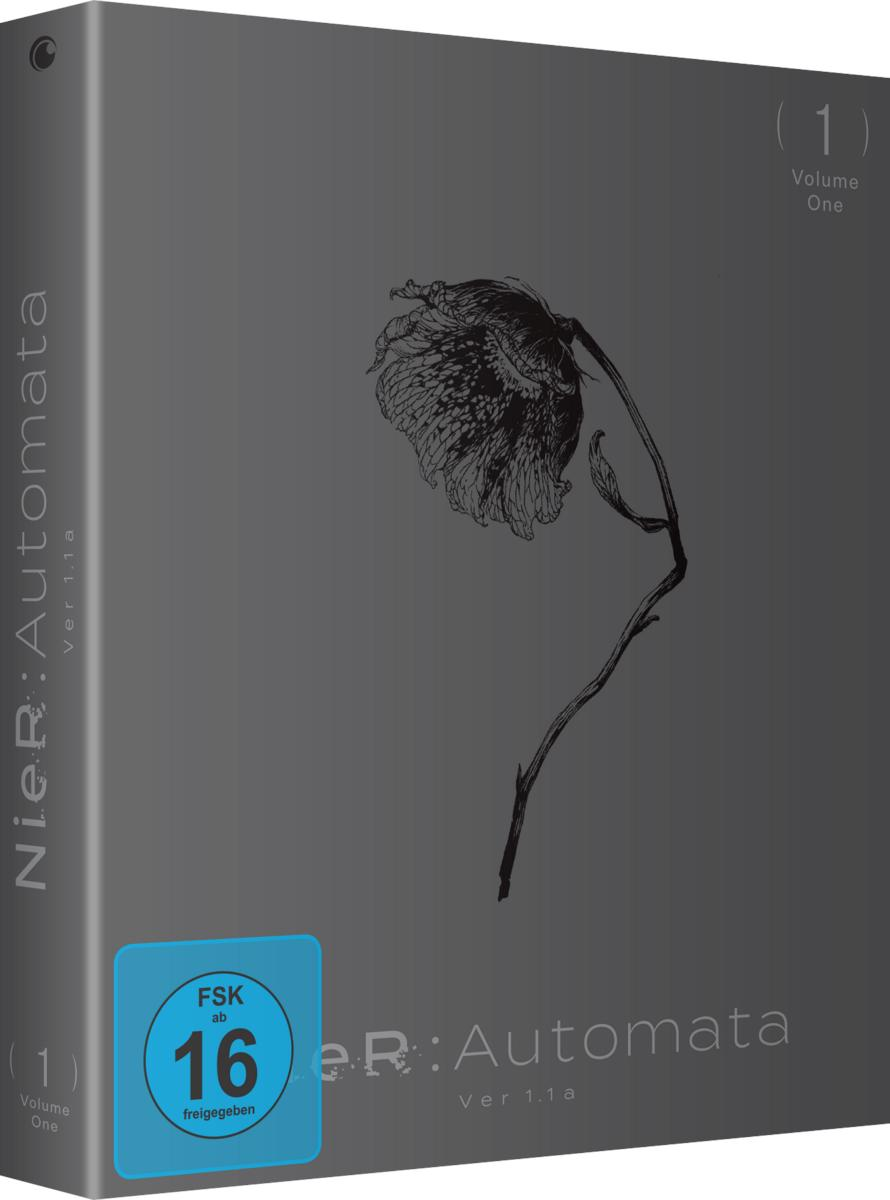 DVD-Box von NieR:Automata Ver 1.1a, mit einem Blumengrafik.
