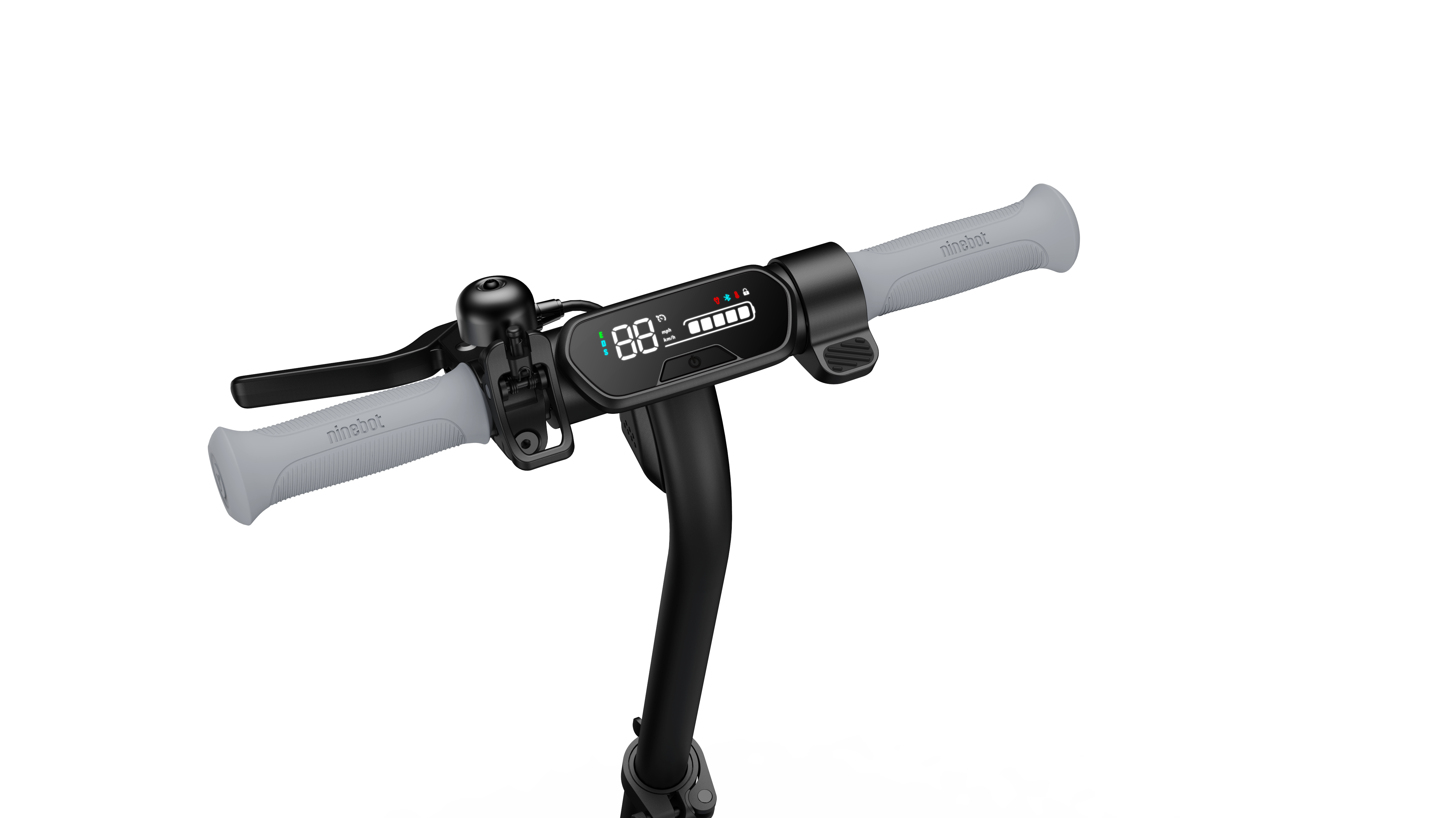 Roller-Lenker mit Display, Lichtern und grauen Griffen.
