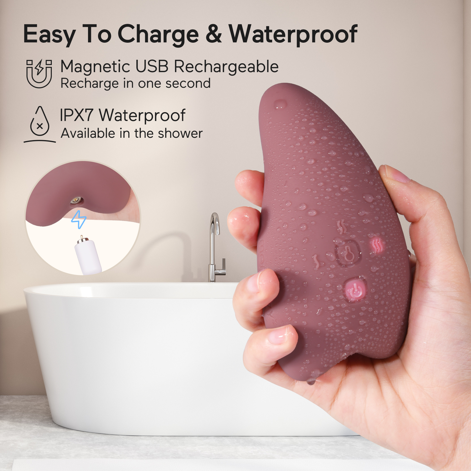 Eine Hand, die einen rosa Vibrator hält, mit Lade- und wasserdichten Symbolen daneben.