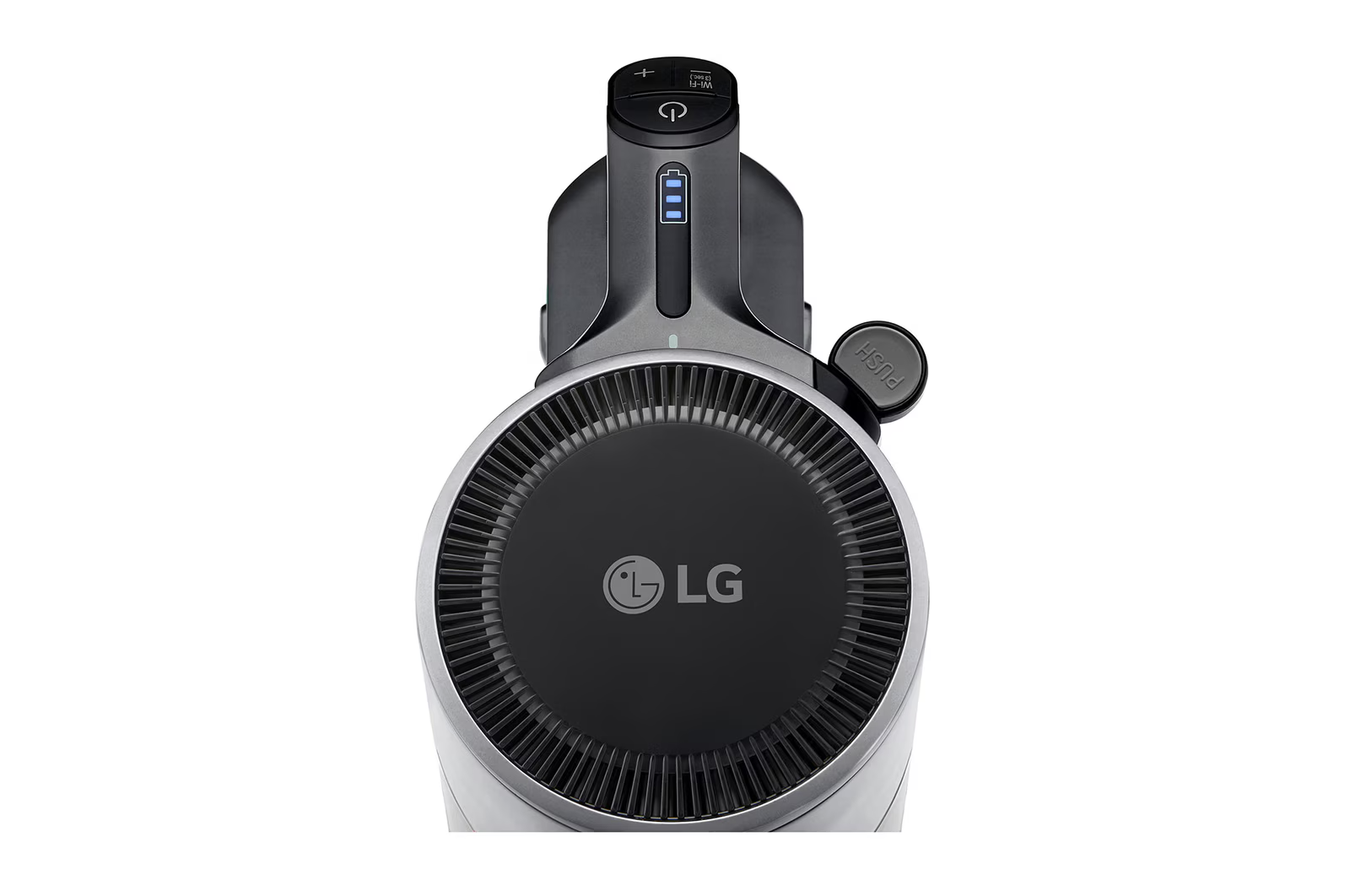 Yuvarlak fan tasarımına ve ortasında LG logosuna sahip bir elektrikli süpürgenin üstten görünümü.