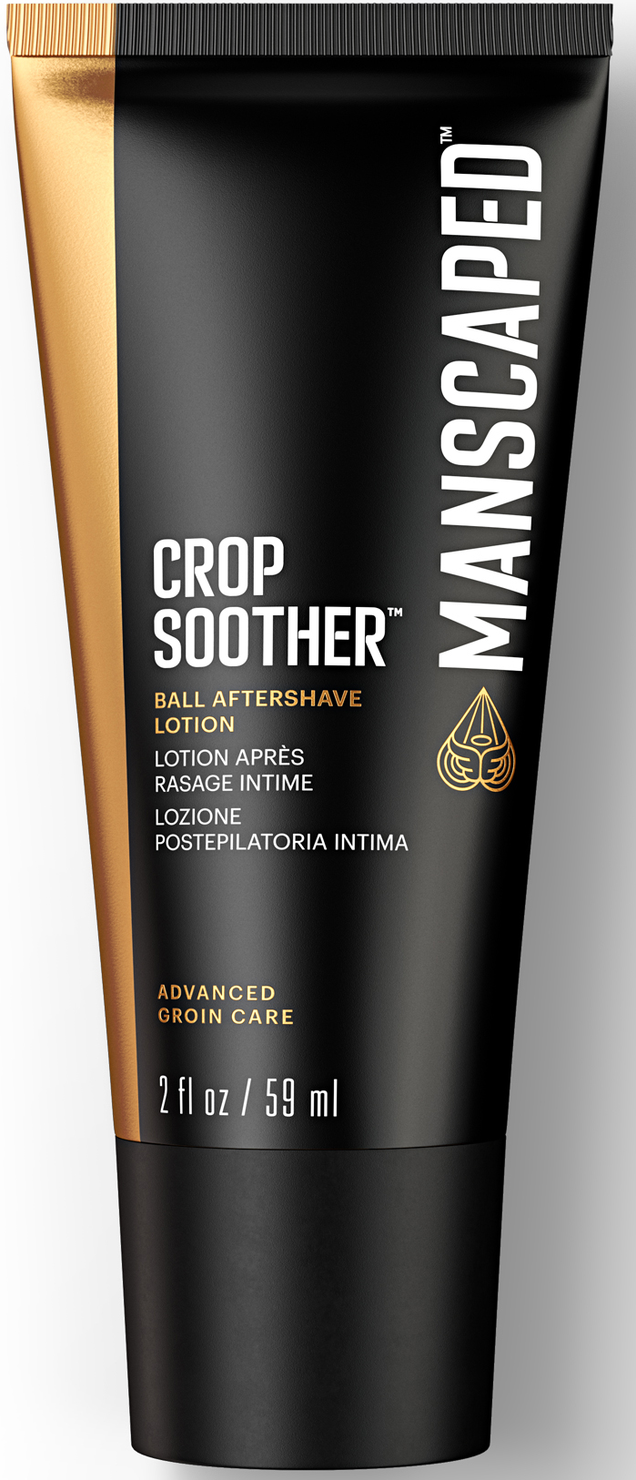 Schwarze Tube 'CROP SOOTHER' Aftershave-Lotion für den Intimbereich, mit goldenen Akzenten.
