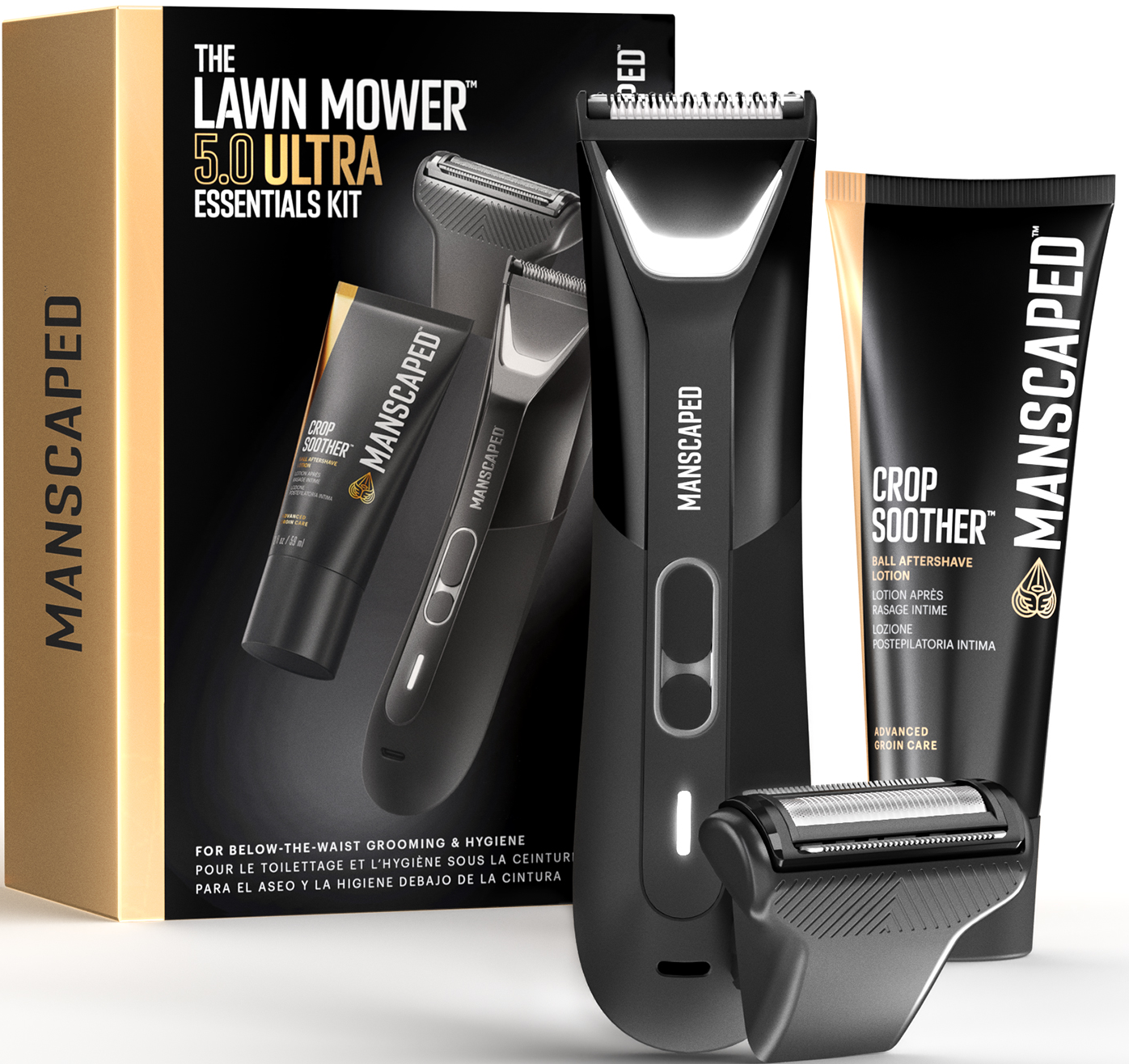 Manscaped 5.0 Ultra Essentials Kit. Pflege-Werkzeuge, schwarze und goldene Box.