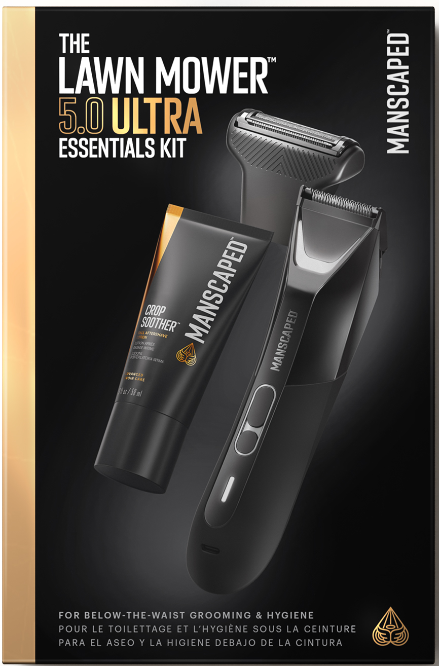 Manscaped 5.0 Ultra Essentials Kit Box, mit Trimmer und Produkten.