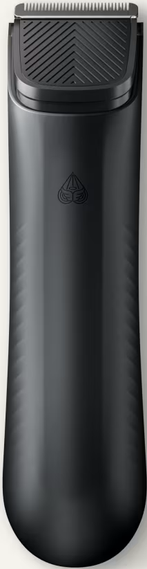 Ein schwarzer Bodygroomer, Draufsicht, mit Klinge und Design.