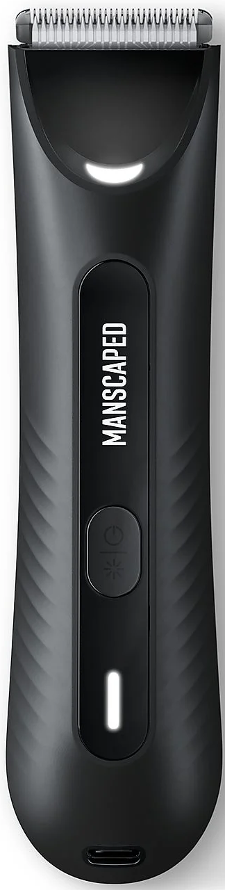 Schwarzer Manscaped-Trimmer mit LED-Licht und Ein-/Ausschalter, Nahaufnahme.