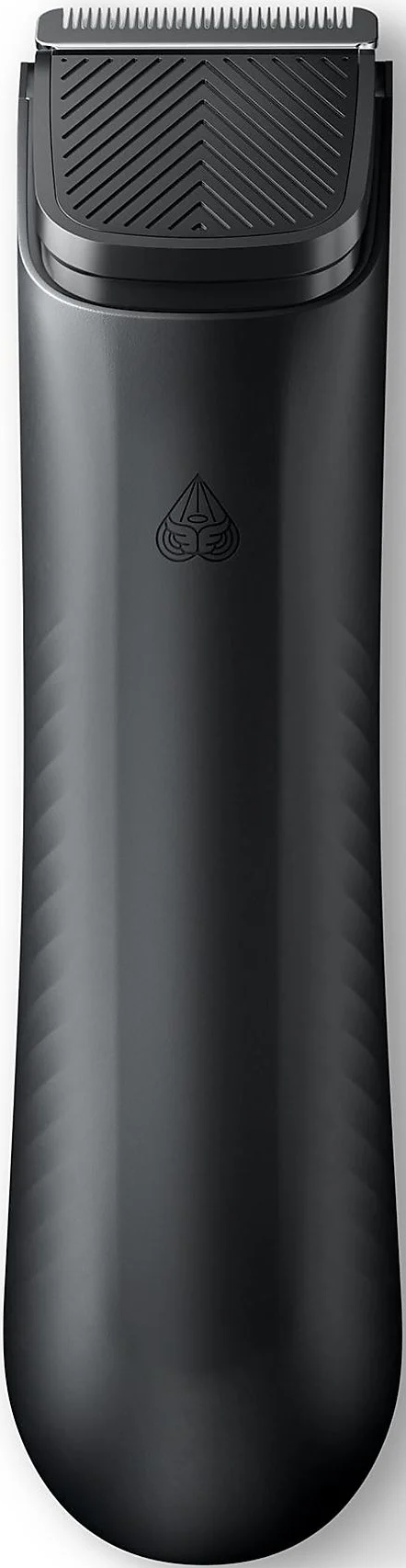 Schwarzer Body-Trimmer. Nahaufnahme, es ist ein schwarzer Trimmer mit strukturiertem Griff.