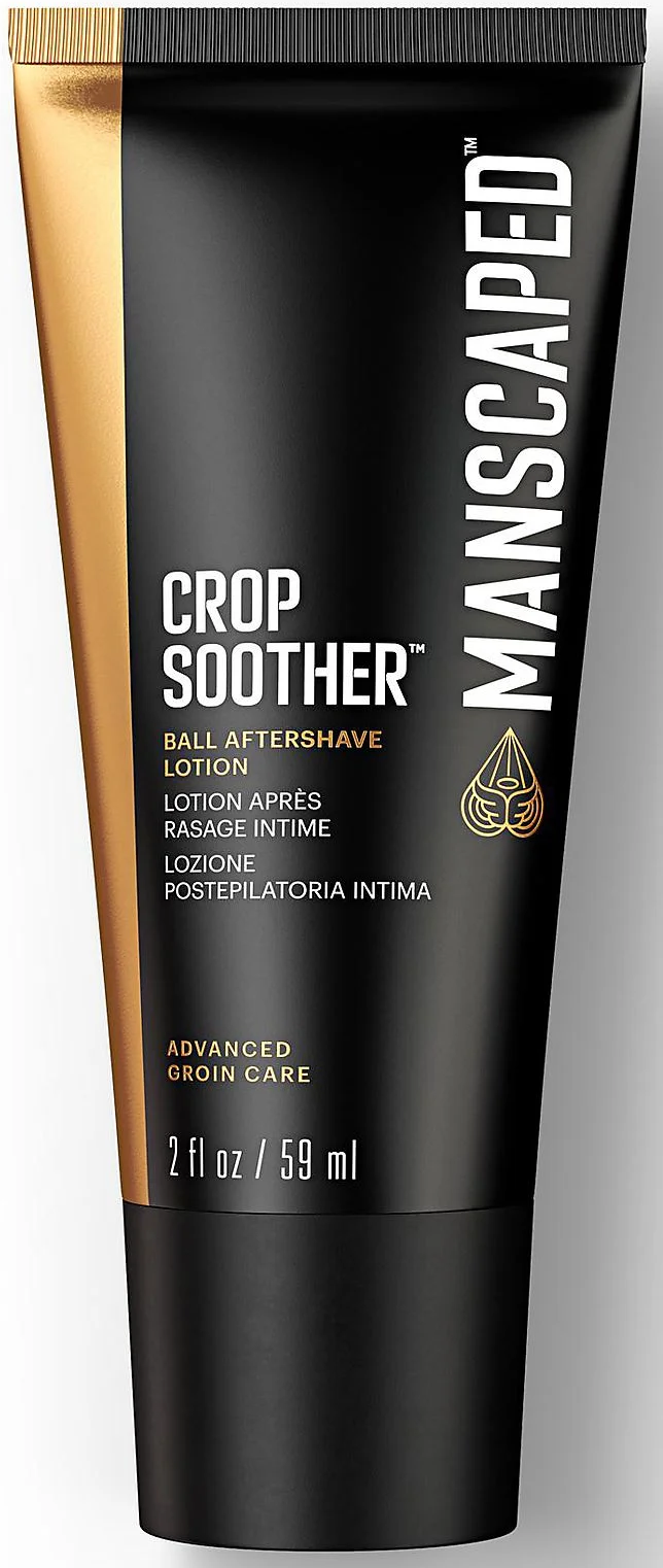 Eine Tube Manscaped Crop Soother Aftershave-Lotion für den Intimbereich. Schwarz-goldene Verpackung.