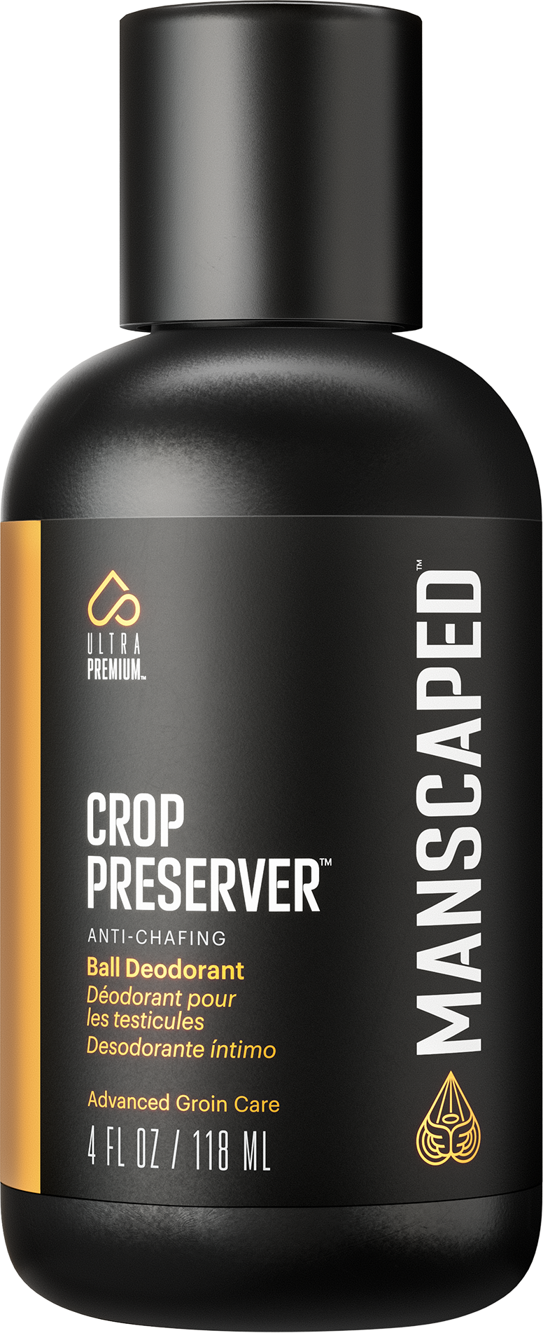 Eine schwarze Flasche Manscaped Crop Preserver. Es hat gelbe und weiße Etikettendetails.