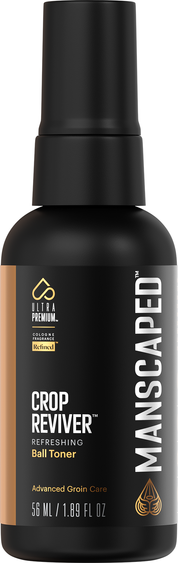Schwarze Flasche Crop Reviver Ball Toner, mit goldenem Logo und weißem Text.