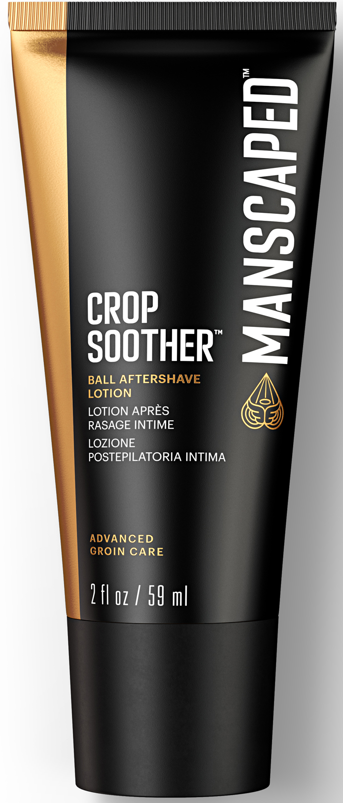 Tube von Manscaped Crop Soother. Schwarze Tube, goldene Akzente. Text: Ball Aftershave Lotion.