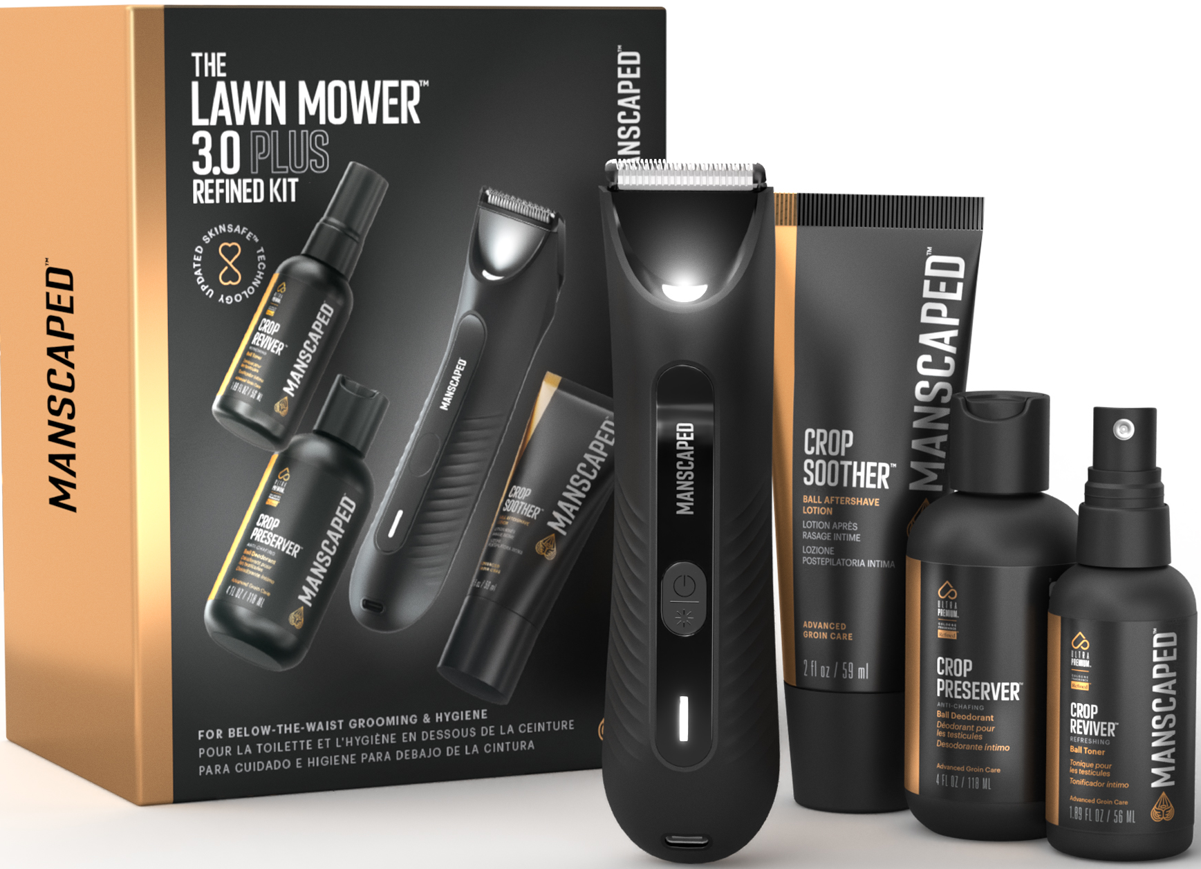 Manscaped Pflege-Kit-Box. Enthält Trimmer, Lotionen und Sprays. Schwarz und Gold.