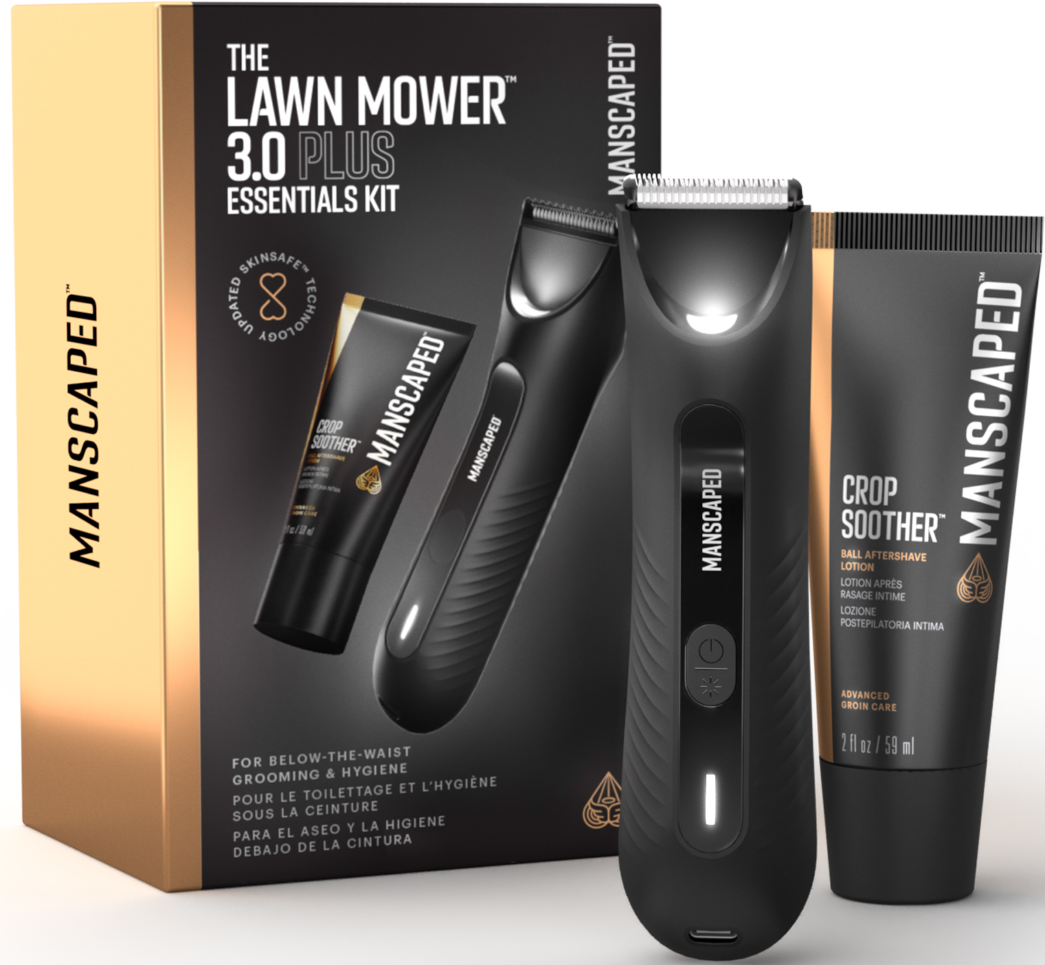 Manscaped Pflege-Kit mit Trimmer, Creme und Box, auf weißem Hintergrund.