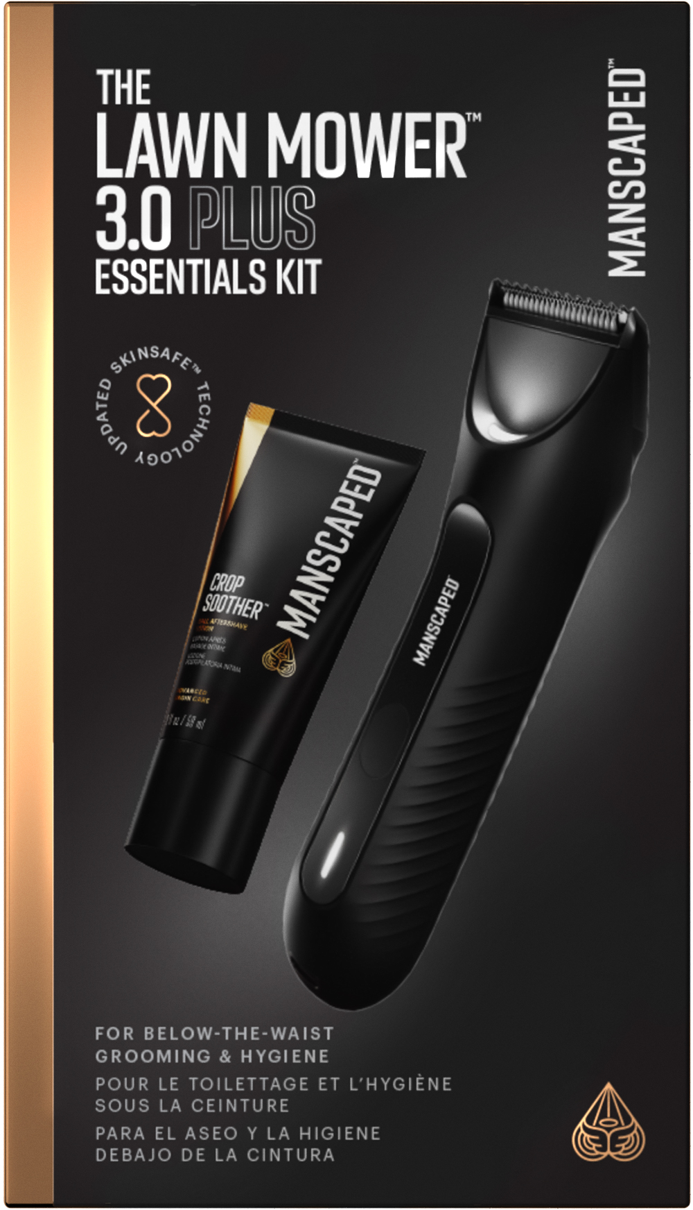 Box-Set mit Trimmer und Creme, Text über Intimrasur.