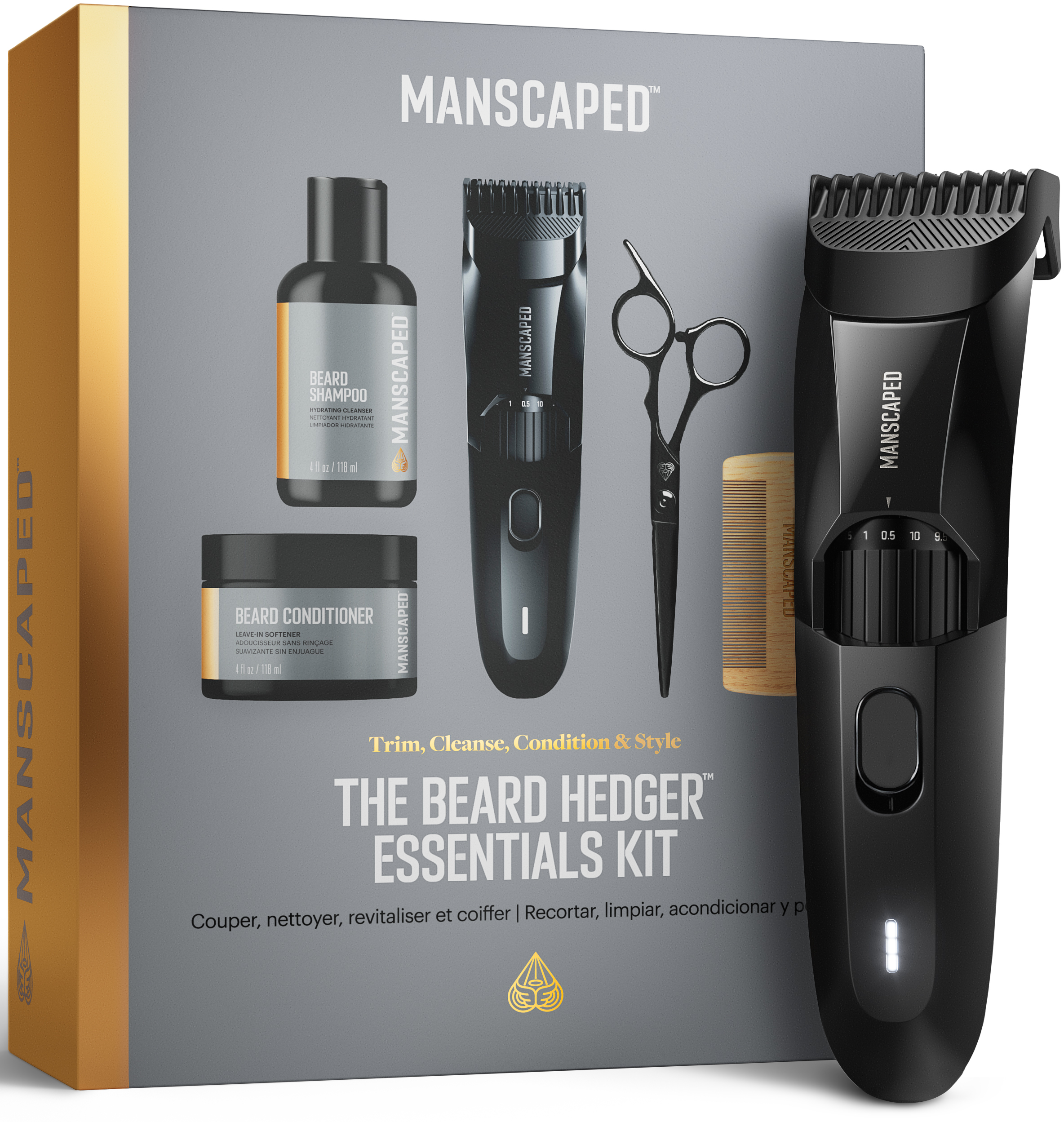 Kit de toilettage Manscaped, comprenant shampoing, après-shampoing, tondeuse, ciseaux et peigne. Boîte grise.