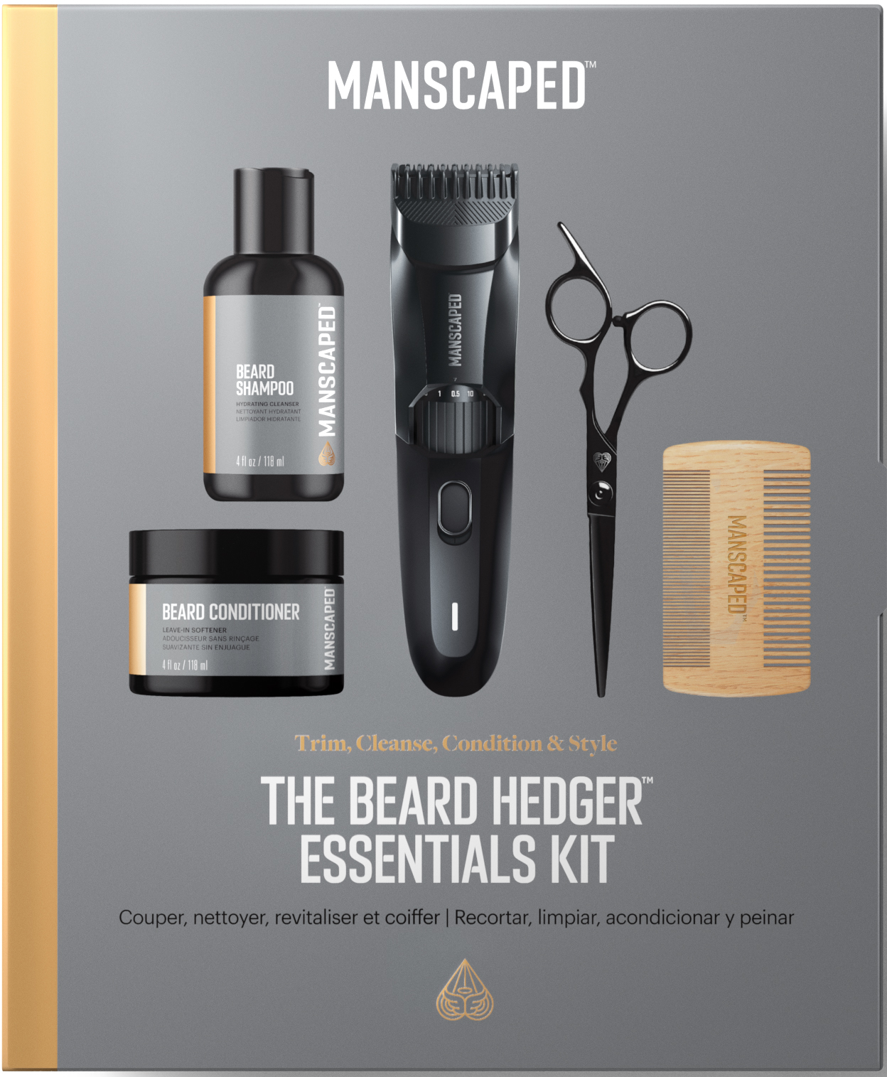 Kit Essentials Manscaped comprenant shampoing, revitalisant, tondeuse, peigne, ciseaux.