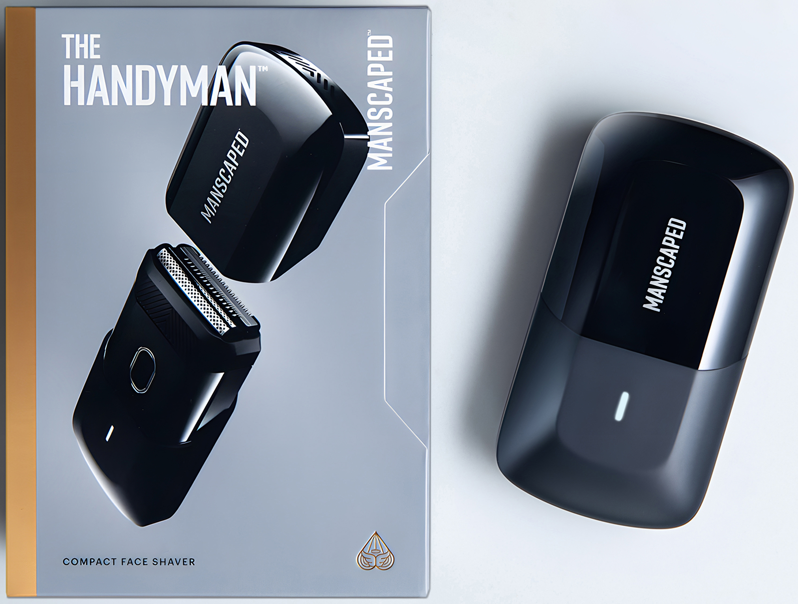 Rasoir facial Manscaped noir avec boîte. Rasoir démonté. La boîte indique : The Handyman, Compact Face Shaver.