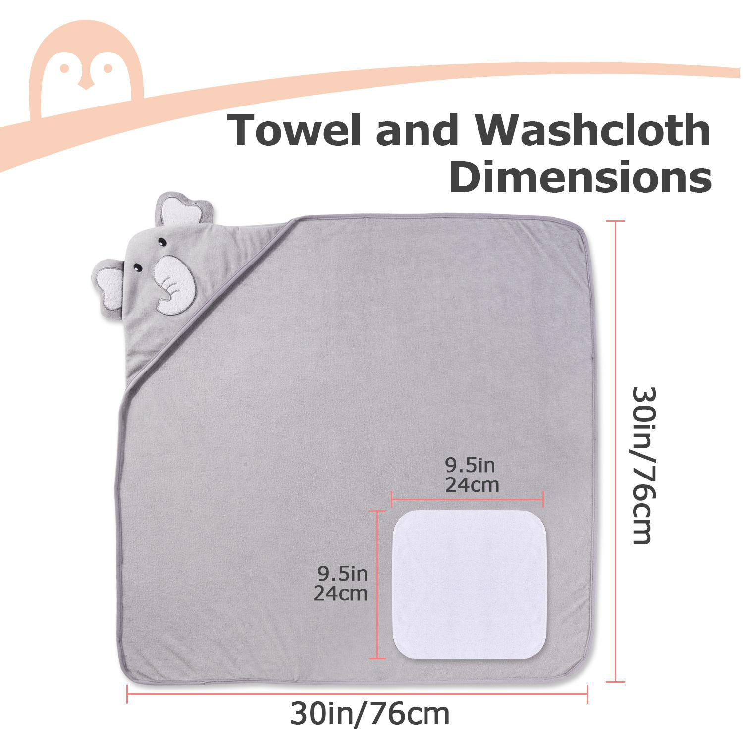 Graues Babyhandtuch mit Bärenkapuze. Enthält einen Waschlappen. Maße in Zoll/cm.