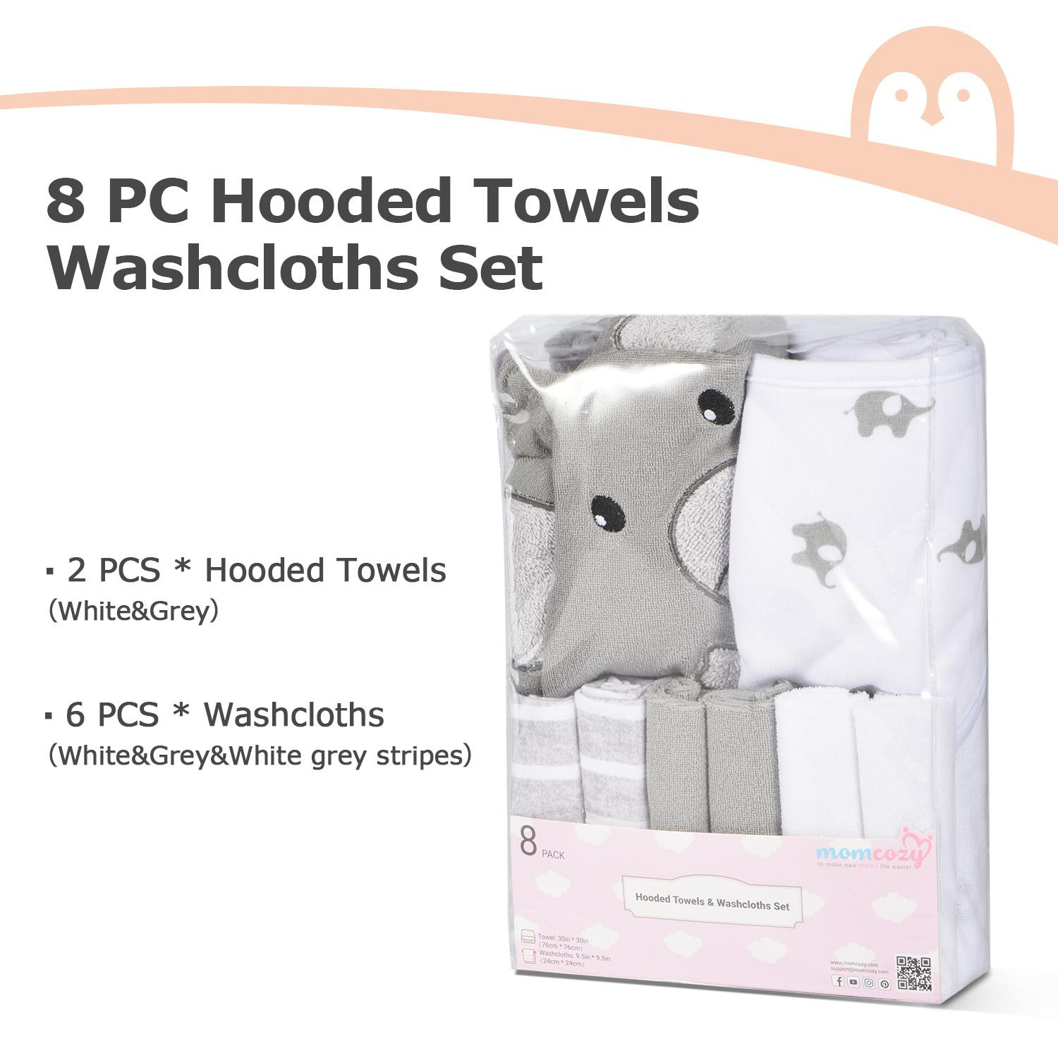 Weißes und graues Baby-Handtuch-Set, mit 2 Kapuzenhandtüchern und 6 Waschlappen. Verpackt.