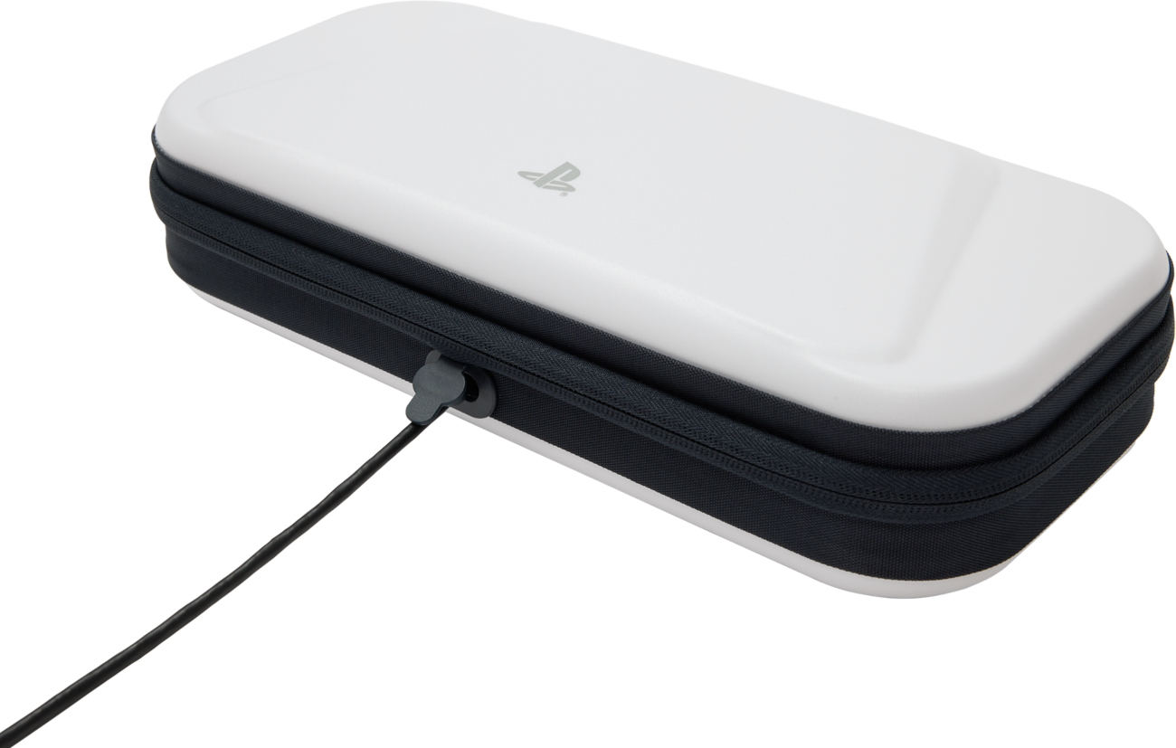 Fehér PlayStation Vita tok fekete cipzárral és töltőkábellel.