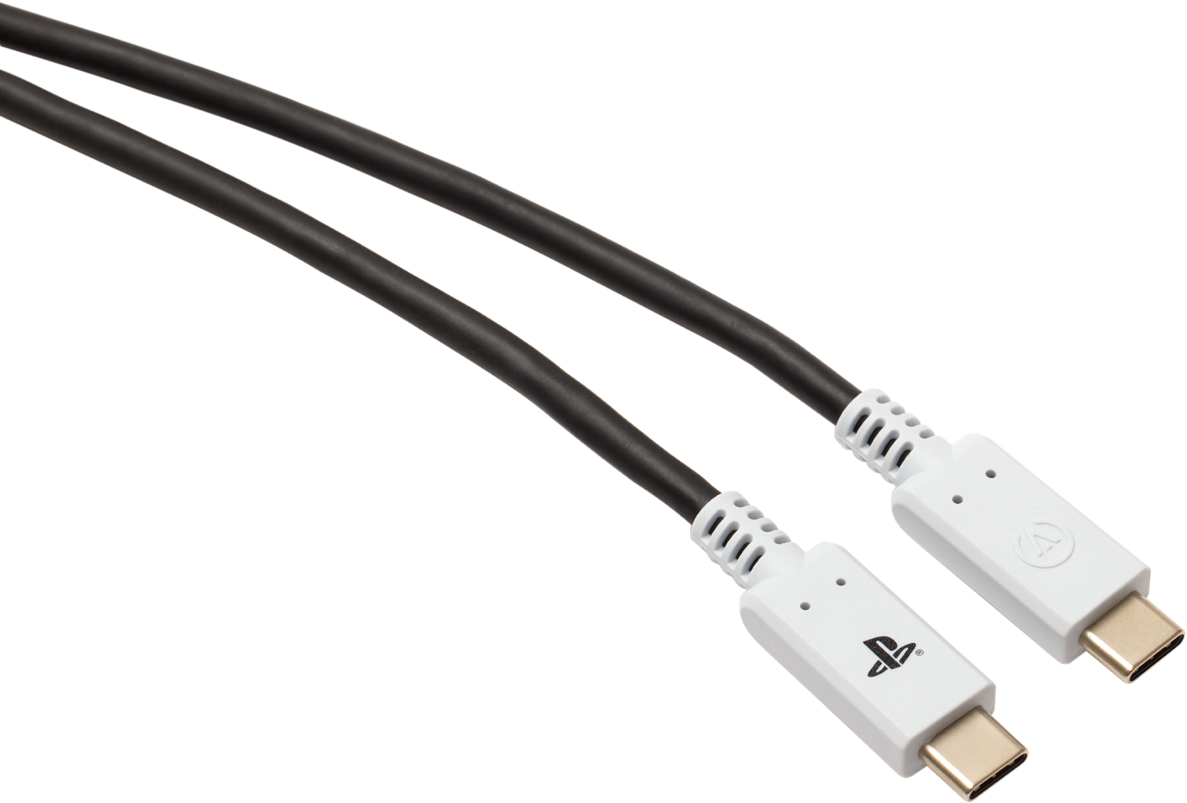 Két fekete-fehér USB-C kábel fehér csatlakozókkal, fekete háttér előtt.