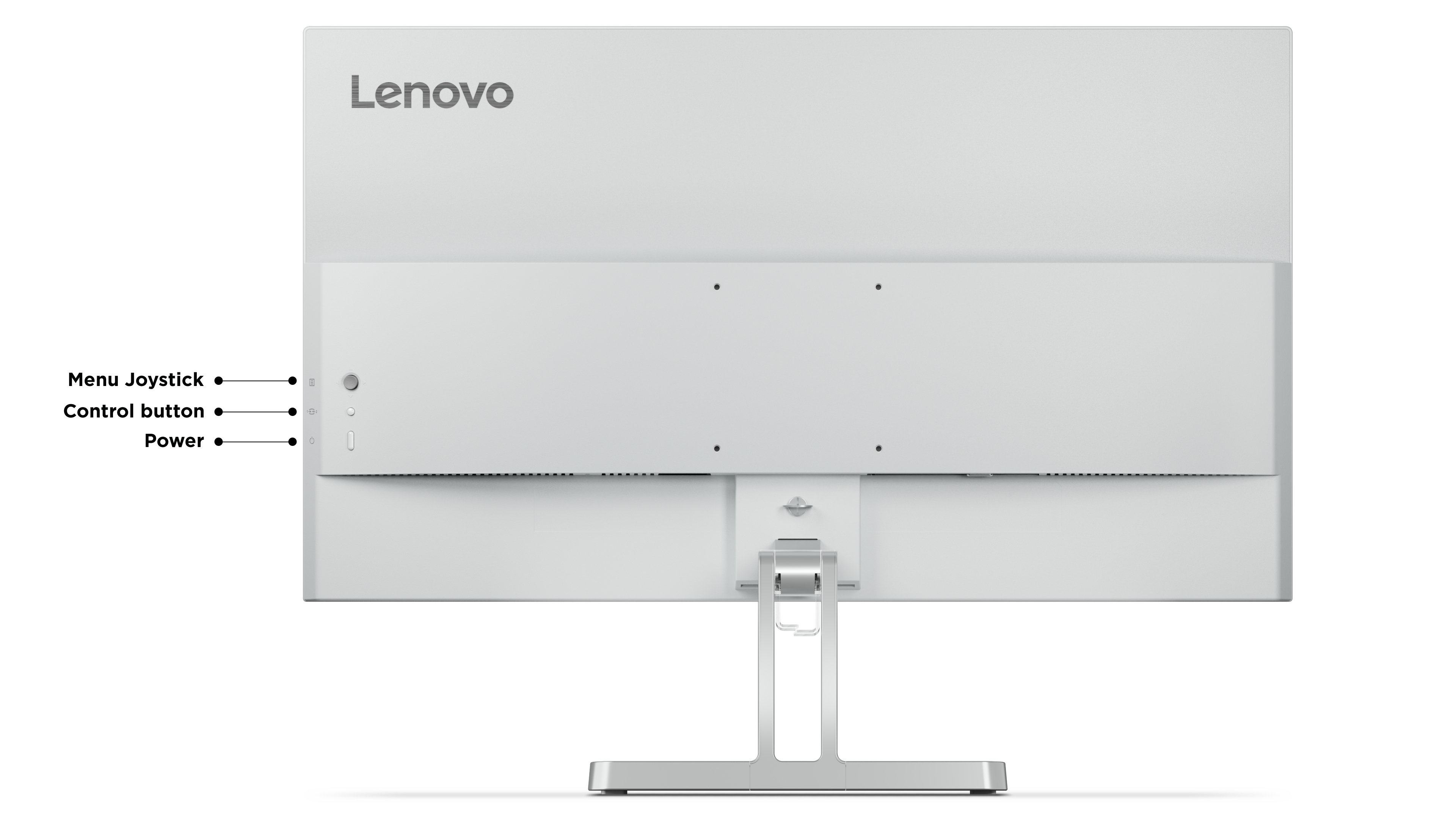 Rückseite eines weißen Lenovo-Monitors mit Bedienelementen und einem Ständer. Das Lenovo-Logo ist sichtbar.