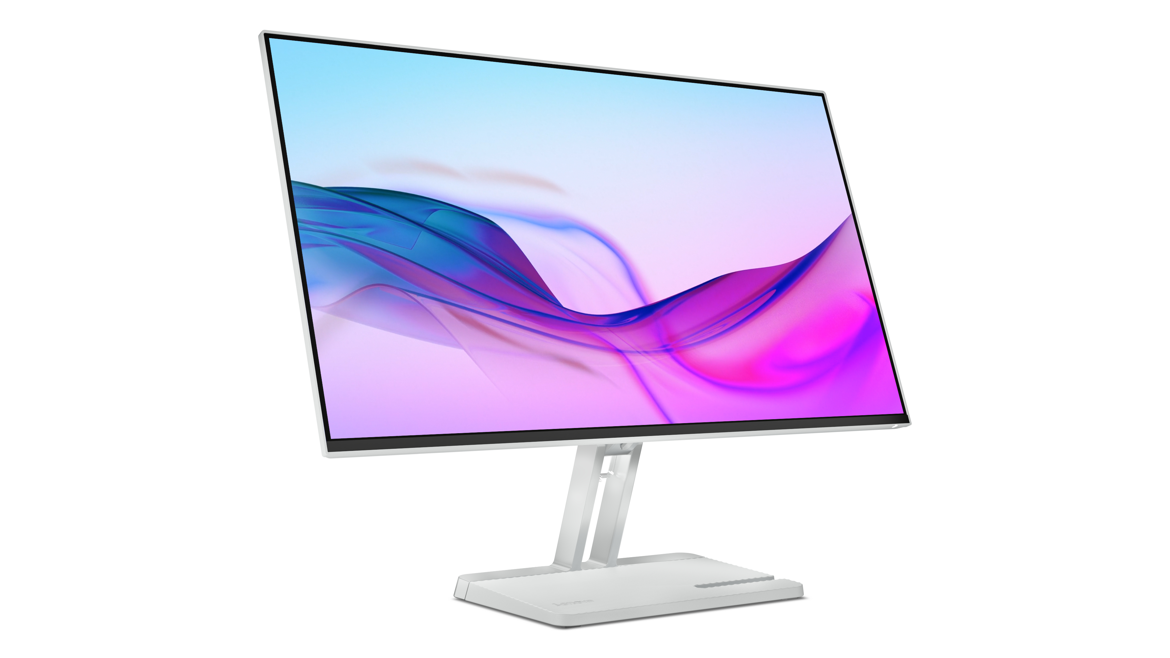 Weißer Computermonitor mit gewölbtem Bildschirm auf weißer Basis. Zeigt eine farbenfrohe Grafik.