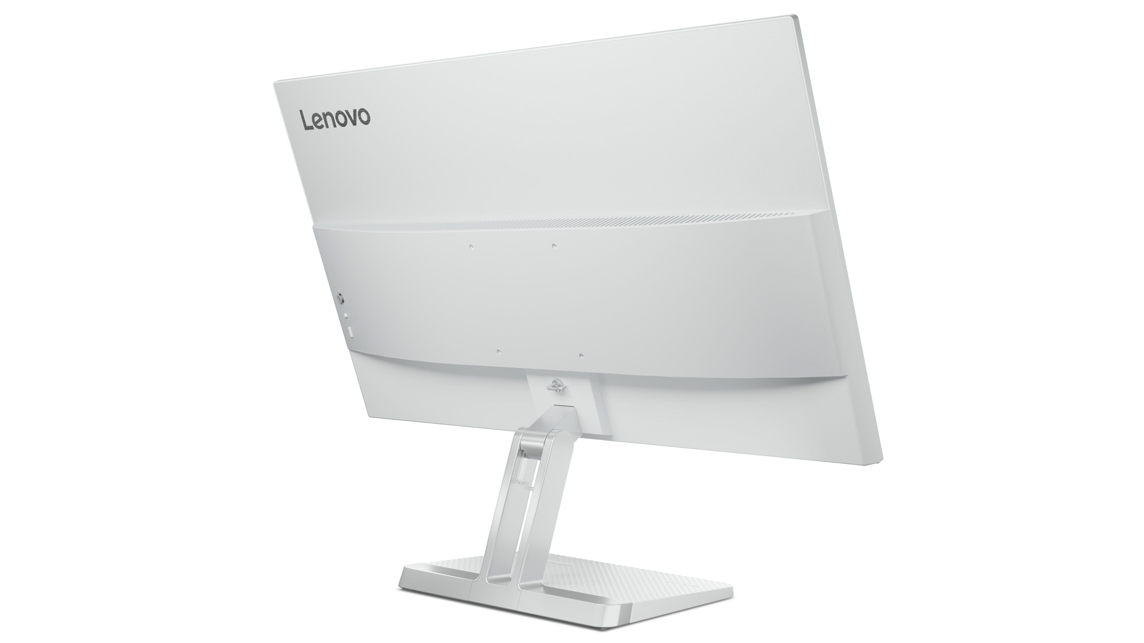 Rückansicht eines weißen Lenovo-Monitors mit Ständer. Lenovo ist oben aufgedruckt.