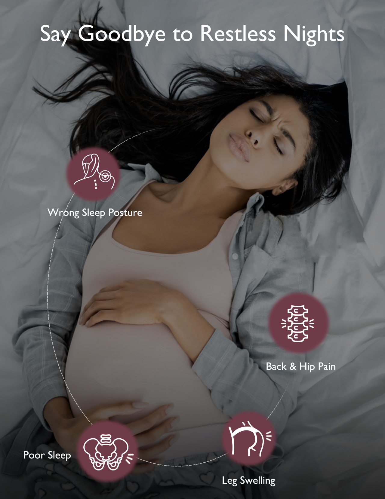 Schwangere Frau im Bett. Illustrationen zeigen Ursachen unruhiger Nächte.