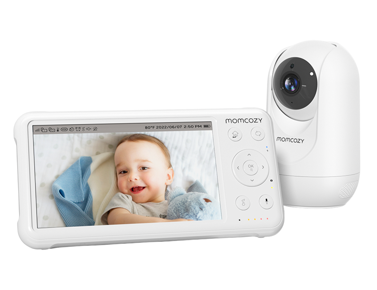 Ein Babyphone zeigt ein lächelndes Baby. Neben dem Monitor befindet sich eine weiße Kamera. Die Marke ist Momcozy.